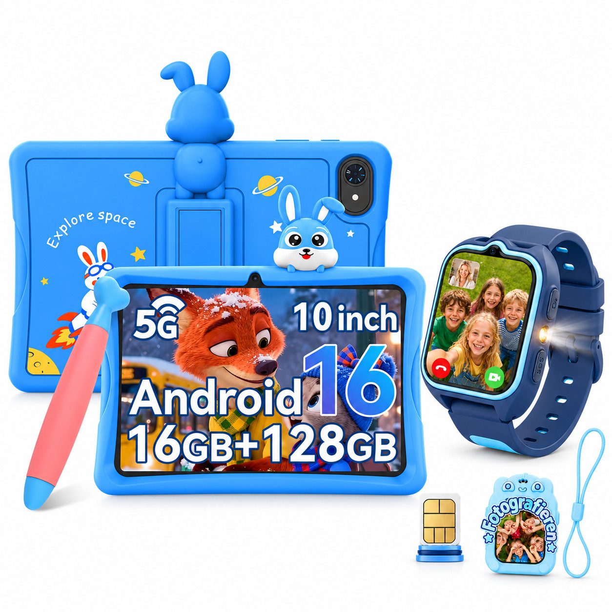 TABWEE 10" Android 16 Kindertablet 128 GB mit Stift Tablet (10", 128 GB, Android16, 5000mAh, stoßfeste Silikonhülle, Elternkontrolle, Google Kids Space)