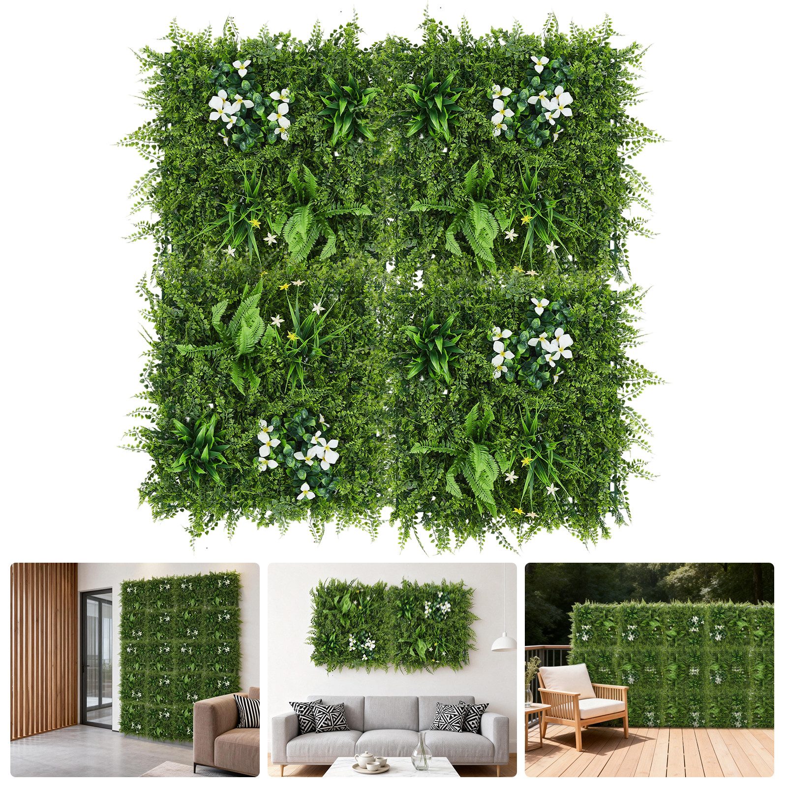 Kunstpflanze Künstliche Pflanzenwand für Innen und Außen, 50x50 cm Wasserpflanzen, weißem Bougainvillea, Farn und Frühlingsgras, GarveeMore, UV-beständig, 4er/8er/12er Set