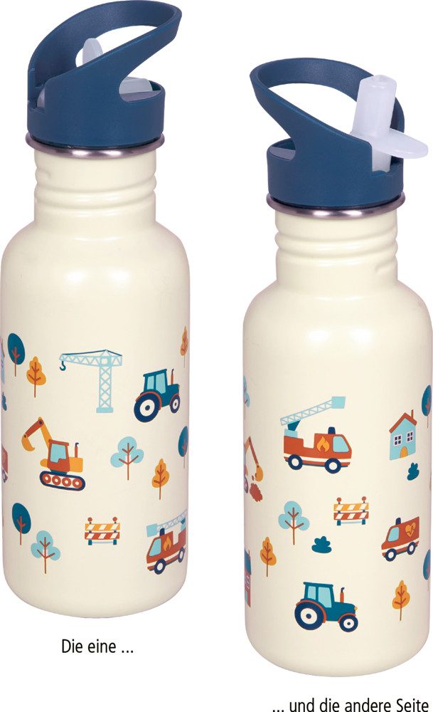 COPPENRATH DIE SPIEGELBURG Trinkflasche Edelstahlflasche „Fahrzeuge “ 0,5 l Trinkflasche mit Reinigungsbürste, Leicht zu öffnender Deckel
