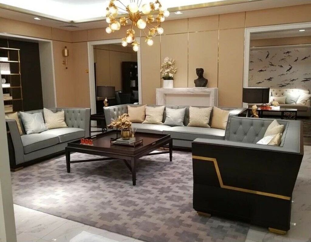 JVmoebel Wohnzimmer-Set, Luxus Designer Sofa Couch Sitz Garnitur Set Holz Leder Textil 3+2+1 Grau