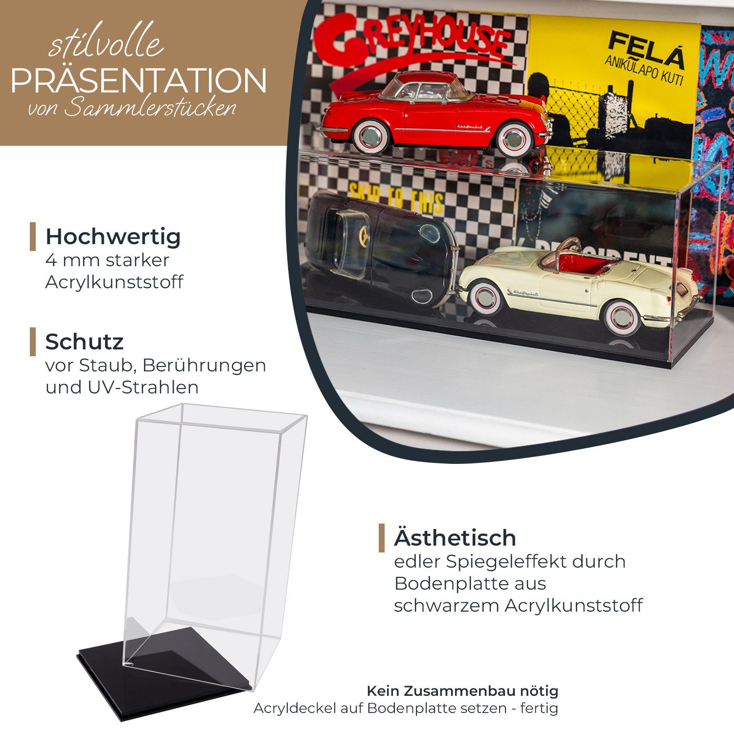 HMF Vitrine elegante Acryl Vitrine, Ausstellungskasten für Sammelstücke Schaukasten für Modellautos, Figuren, 20 x 20 x 38 cm, transparent