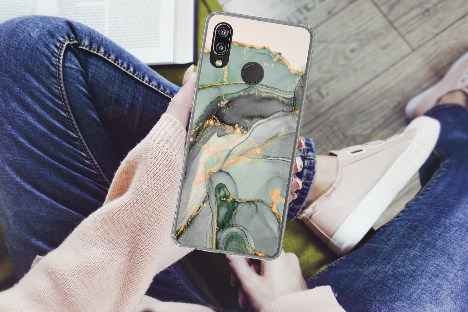 MuchoWow Handyhülle für Huawei P20 Lite (2020) Gold - Marmor - Grün - Luxus - Glitzer - Ma, Handy Case, Silikon, Bumper Case Dünn