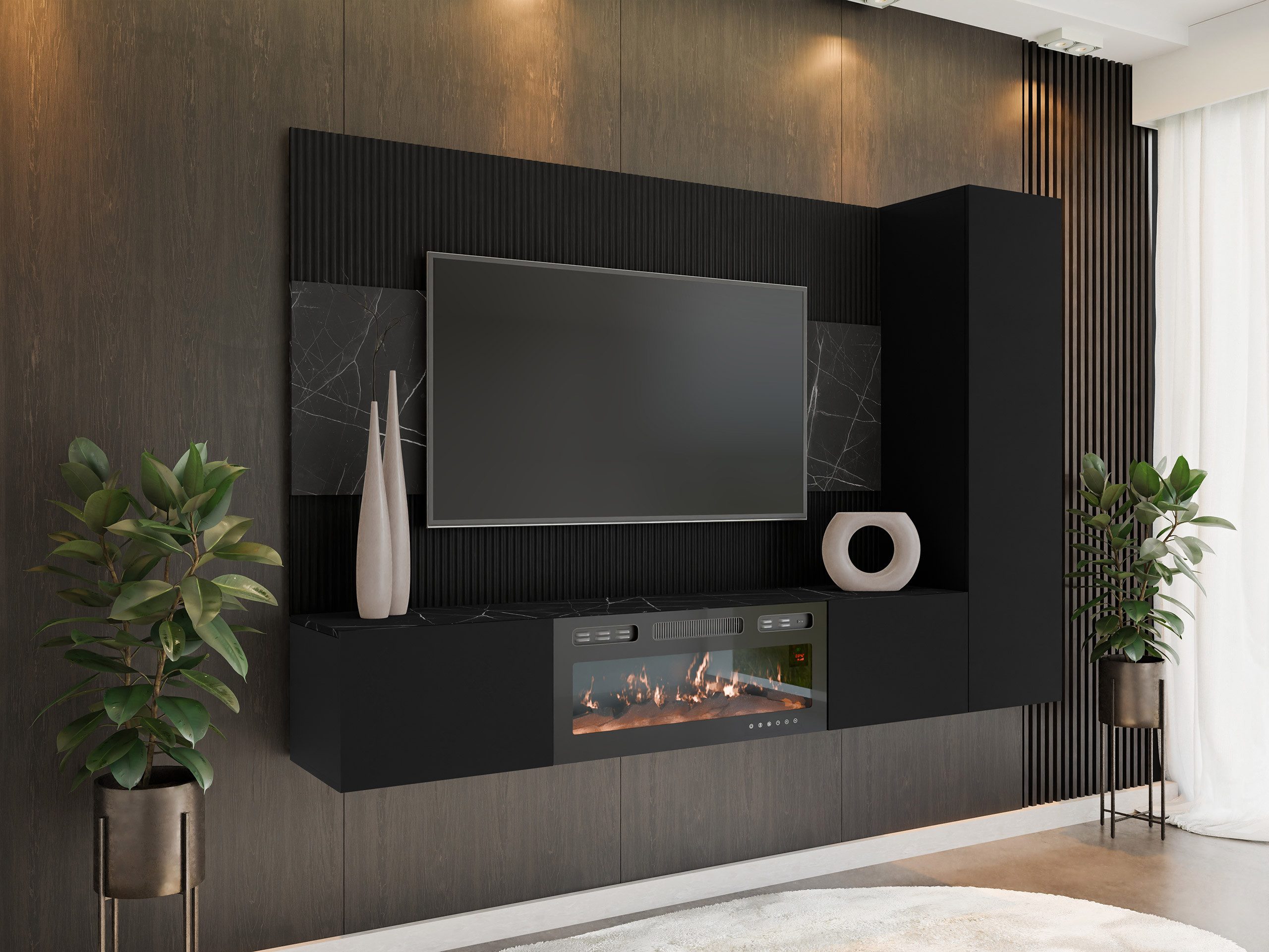 MIRJAN24 Wohnwand Deromi VI mit Kamin, (3er-Set, TV-Lowboard mit Wandpaneel, Hängeschrank), Push to open, Realistische LED-Flamme, Heizfunktion