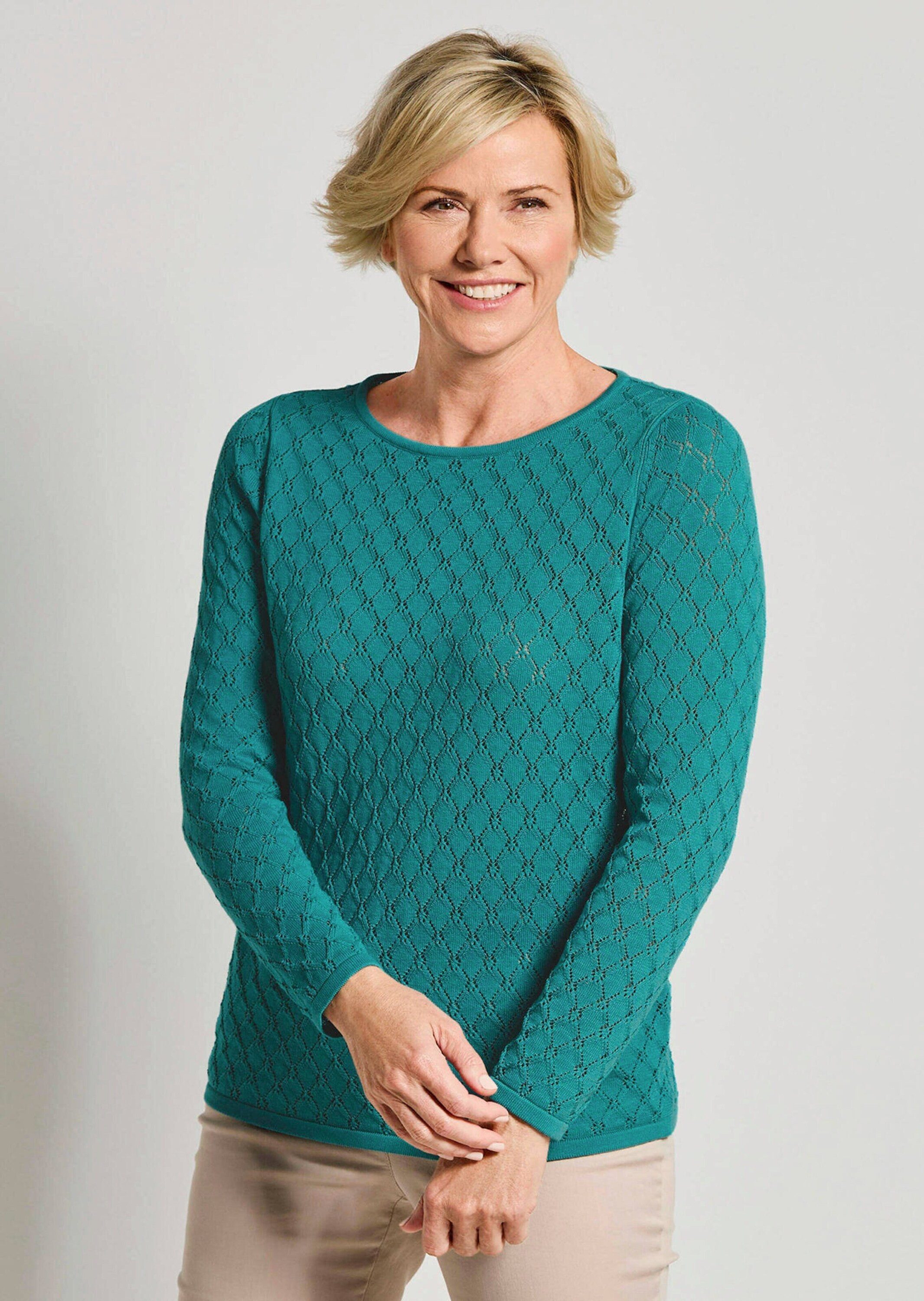 GOLDNER Strickpullover Kurzgröße: Strickpullover mit Wabenstruktur Baumwollpullover mit U-Boot-Ausschnitt und Langarm