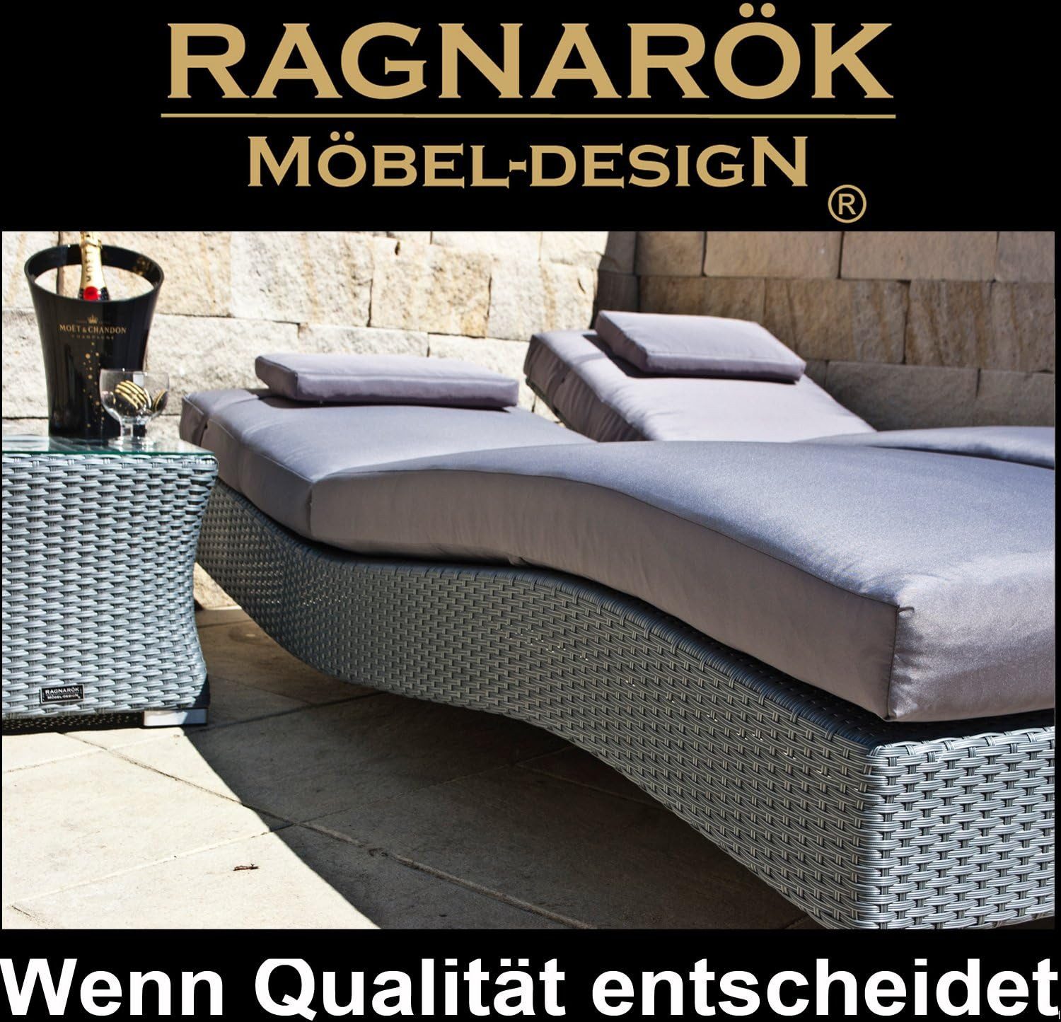 Ragnarök Möbel-Design Gartenliege Sonnenliegen Set, 3-teilig, Kopfteil in 5 Stufen verstellbar, Auflage ca. 16 cm dick