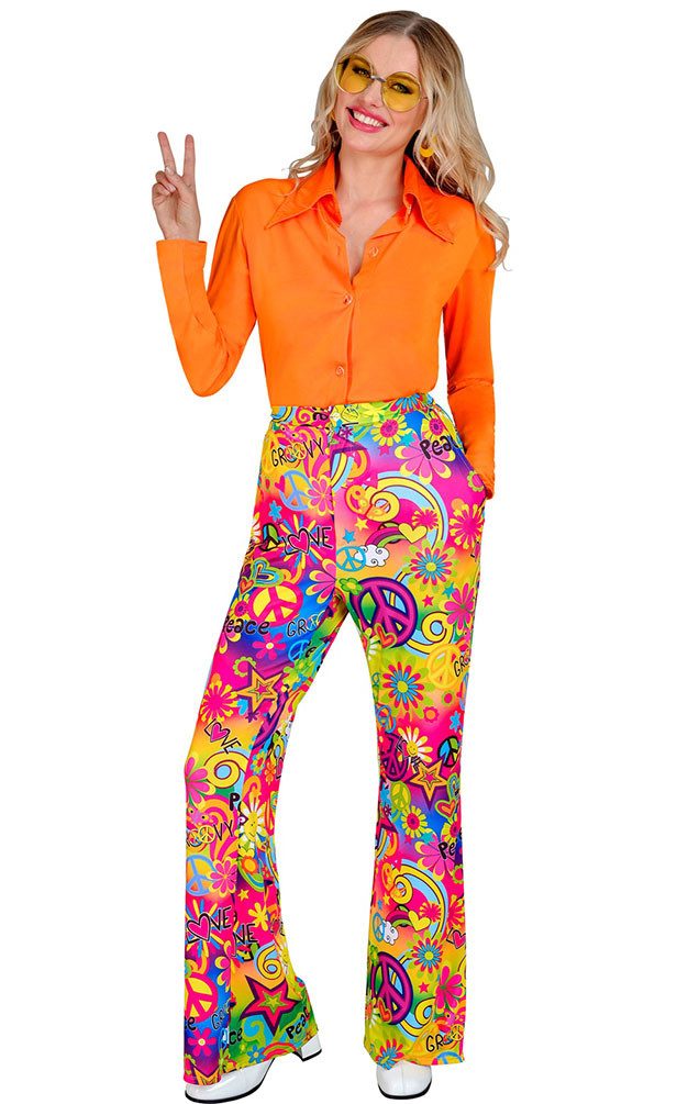 Karneval-Klamotten Hippie-Kostüm Damen Flower Power Hose Stretch 60er Jahre günstig online kaufen