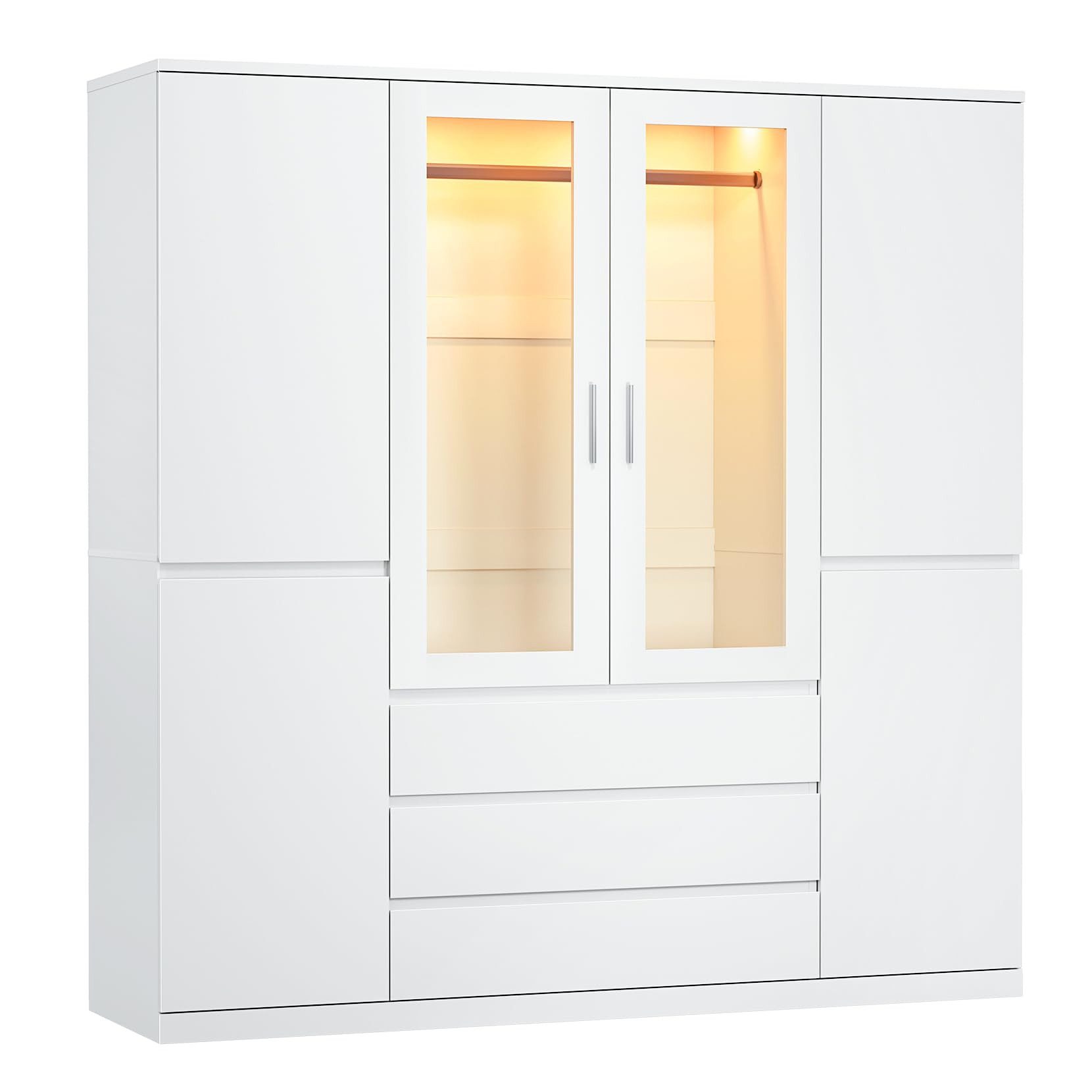 Dripex Kleiderschrank Großer Kleiderschrank Weiß Acryl 4-türig, 3 Schubl., LED-120x48x180 cm