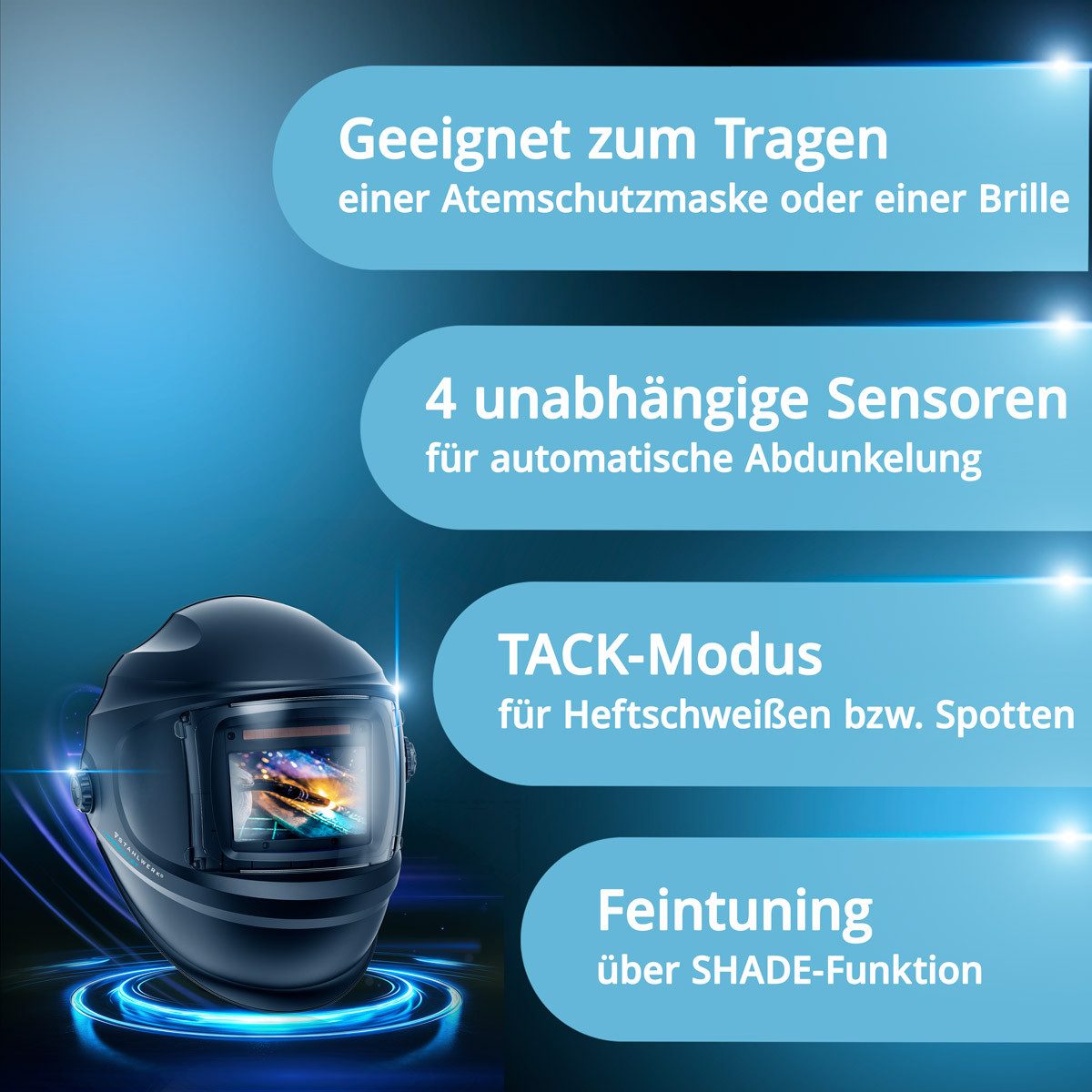 STAHLWERK Schweißhelm Automatik-Schweißhelm BULLET 3-in-1 Schweißerhelm (Set, 1-tlg., Set), True-Colour-Echtfarbwiedergabe