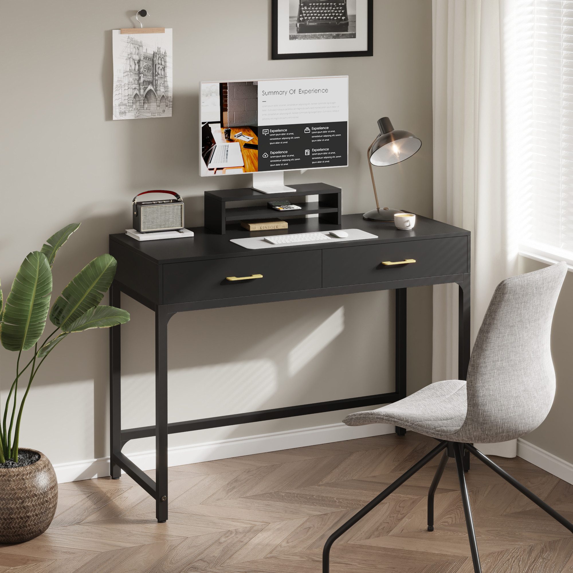 OYRREU Schreibtisch mit Schubladen/Monitorständer/Rückwand, modern, vintage Schminktisch (Set, mit Aufbewahrung), freistehender Schminktisch Boudoir