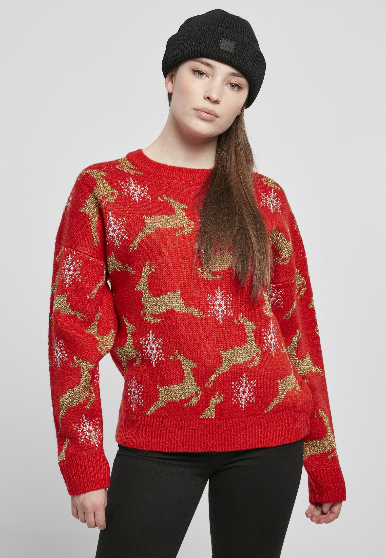 URBAN CLASSICS Kapuzenpullover Damen Ladies Sweater Christmas red/gold (1-tlg) Oversized