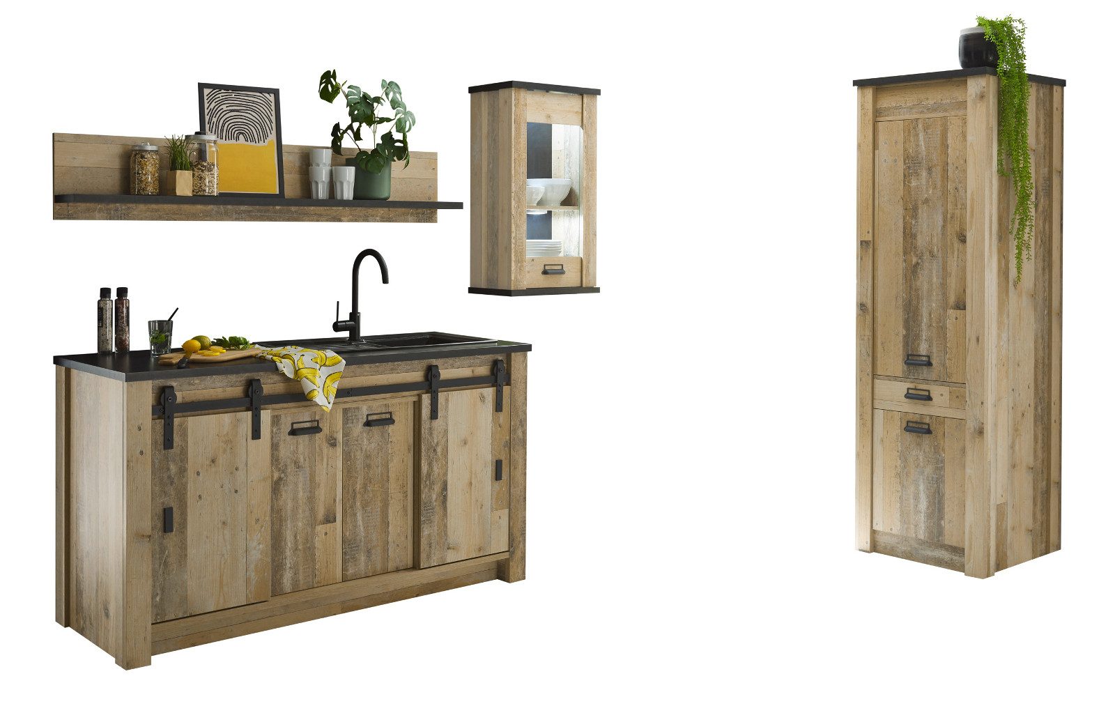 Furn.Design Küchenbuffet Stove (Küche in Used Wood, Set 4-teilig) mit Schwebetüren und Soft-Close