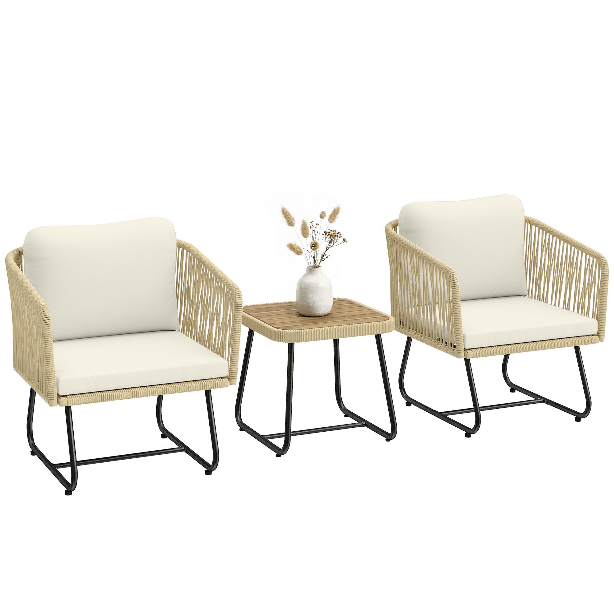 Outsunny Sitzgruppe mit 2 Sessel, Lamell-Holztisch, dicke waschbare Kissen, Stahlrahmen, (Gartenmöbel-Set, 3-tlg., Rattan Bistroset), für Garten, Terrasse Cremeweiß