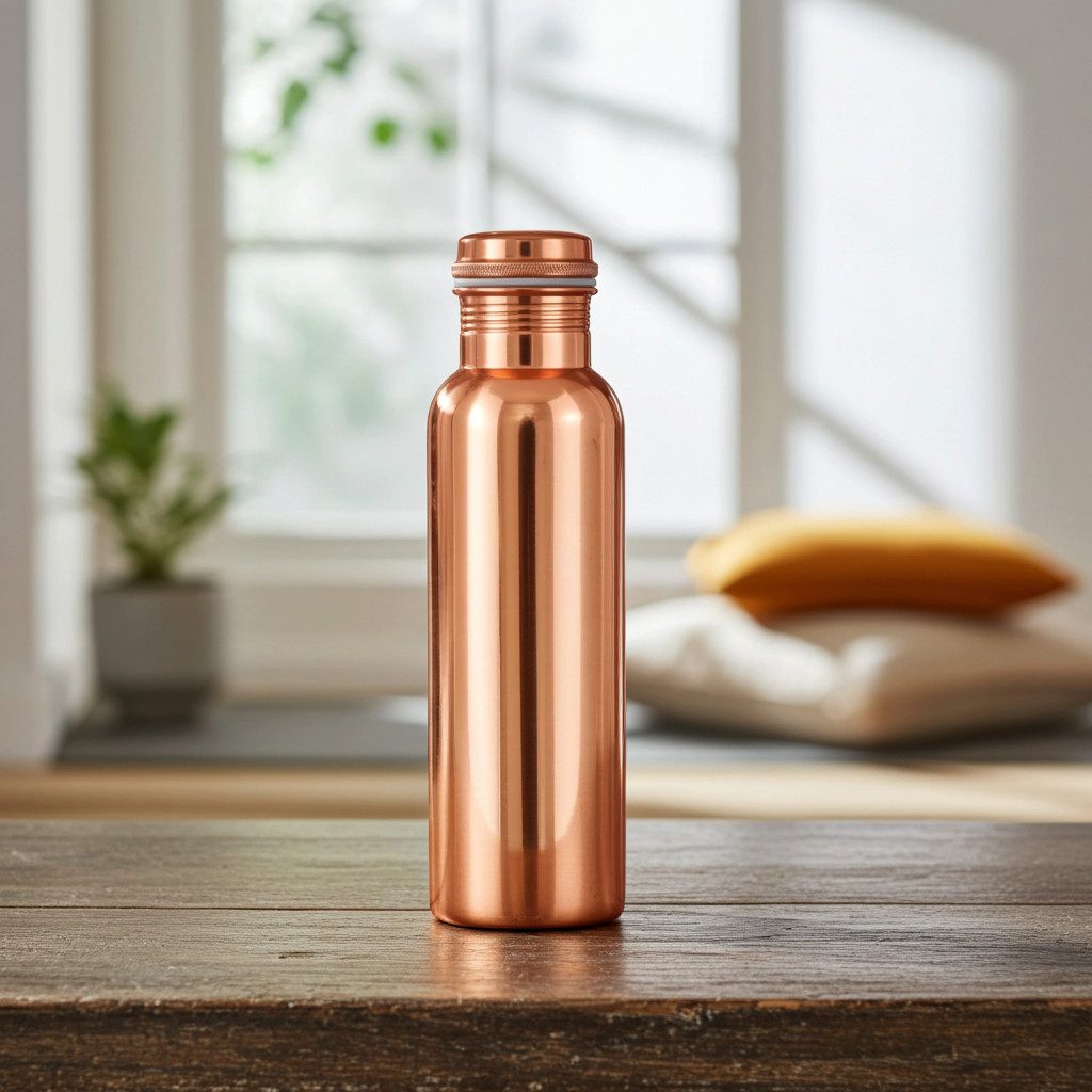 Yogishop Trinkflasche Kupferflasche glänzend, 0,9 l, Edle Wasserflasche aus Kupfer.