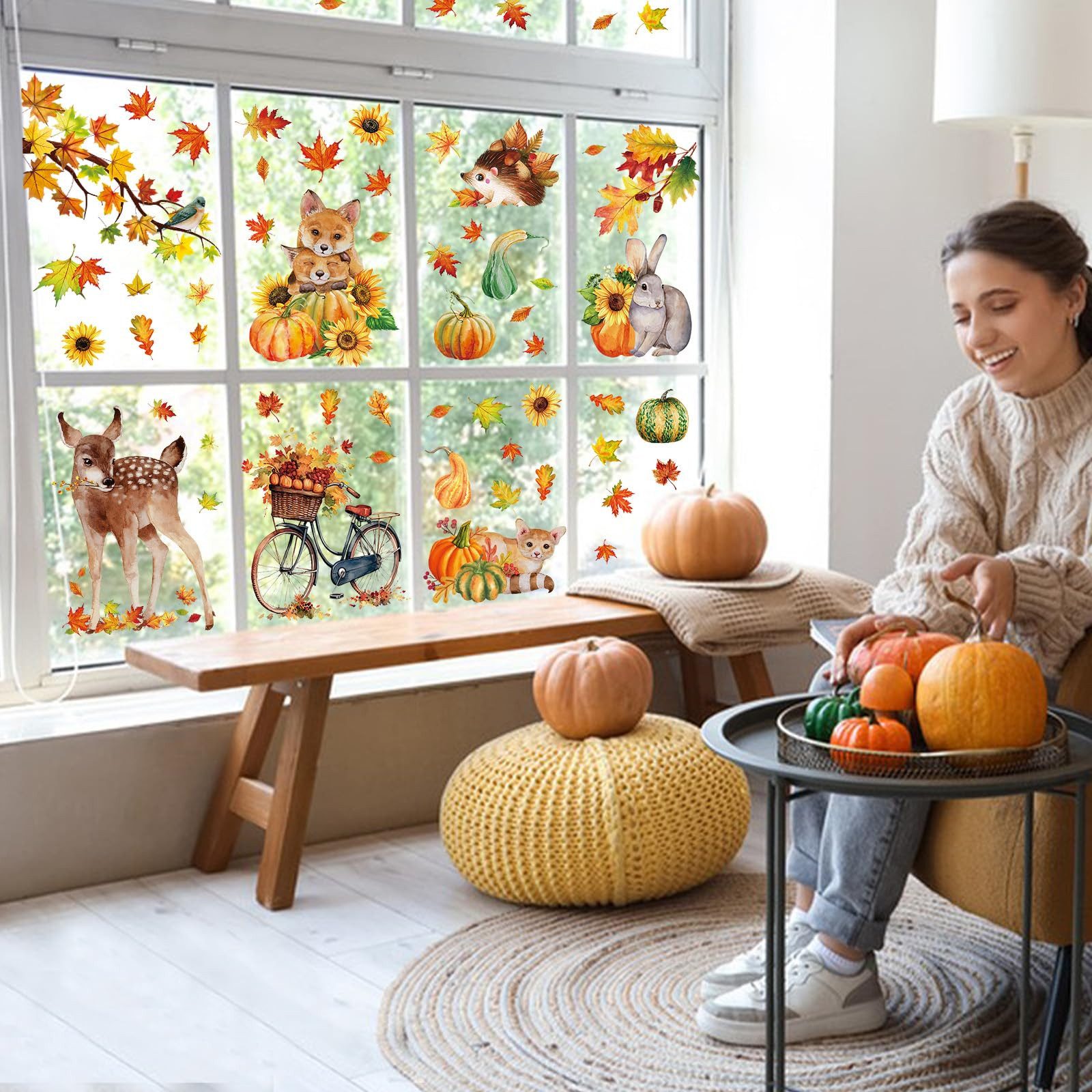 Sorvyzxn Fensterfolie Fensterbilder Herbst, Autumn Fensterbild Selbstklebend, Herbstdeko, Fenster Sticker Kinder, Fensteraufkleber Herbstliche Blätter – Bild 4 von 5