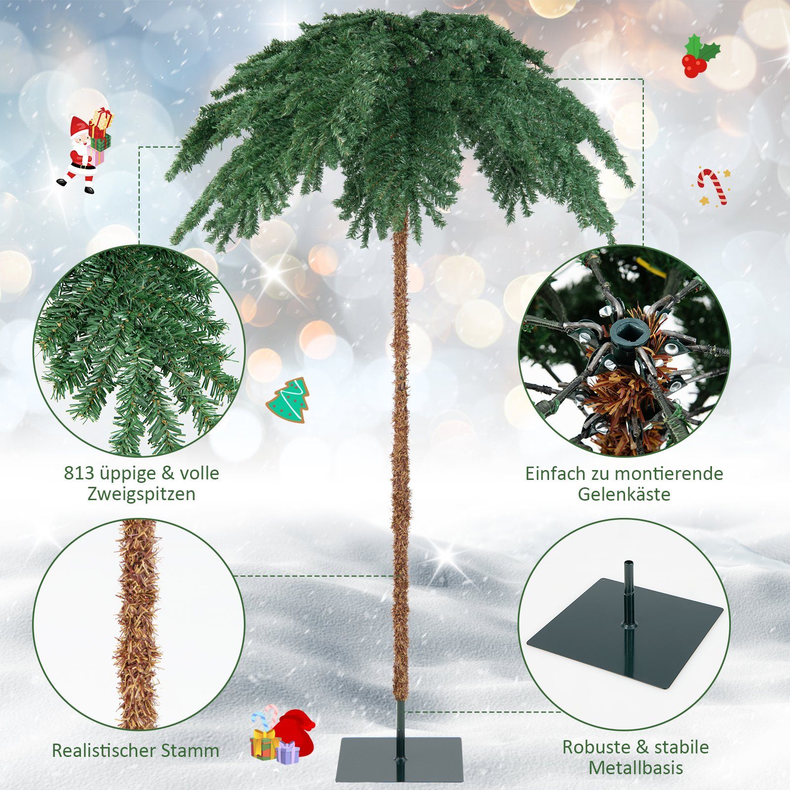 Künstlicher mit Zweigspitzen, LED 250 COSTWAY 813 warmweißen Weihnachtsbaum,