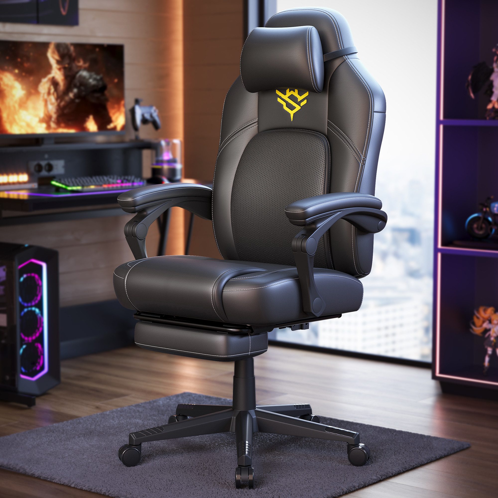 SONGMICS HOME Gaming-Stuhl Bürostuhl, Computerstuhl, ergonomischer mit Fußstütze und Kopfkissen, höhenverstellbar