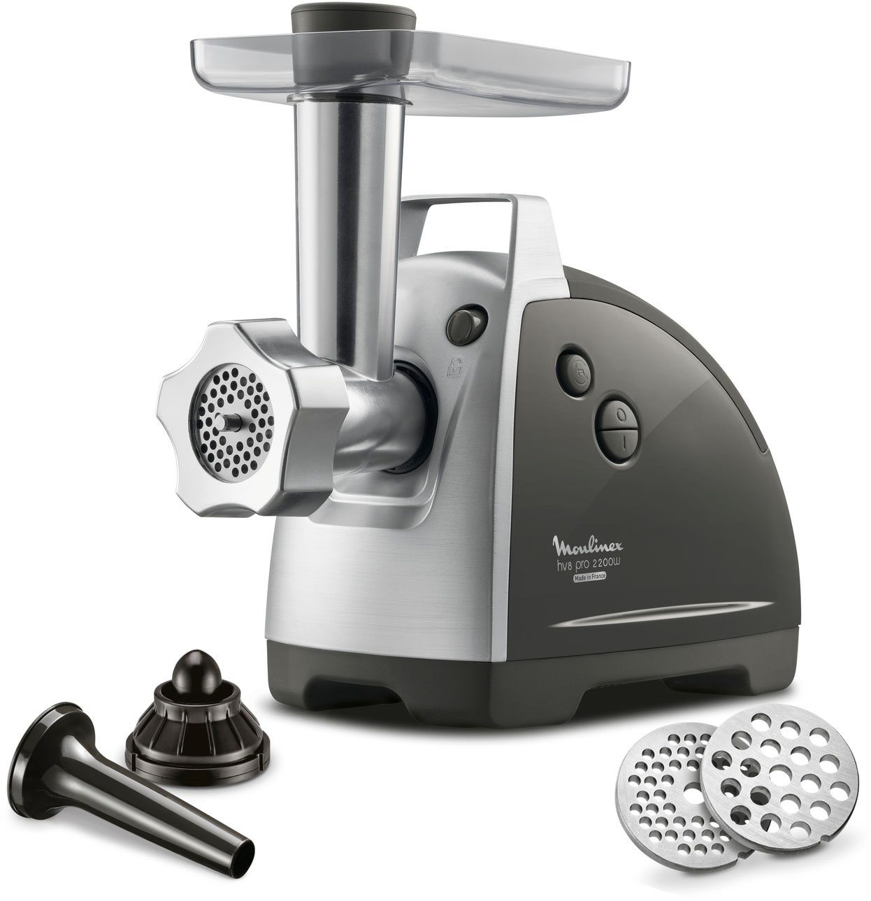 Moulinex Fleischwolf ME6868 Meat Mincer, 2200 W, 4 Zubehörteile inbegriffen, sicheres Reverse-System, schwarz/silber