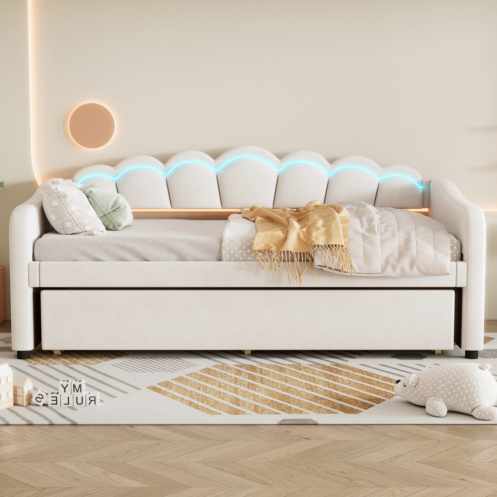 Merax Daybett 90x200cm mit Ausziehbett 90x190cm (1 tlg), Samt Polsterbett Schlafsofa Kinderbett Tagesbett mit LED-Streifen – Bild 2 von 5