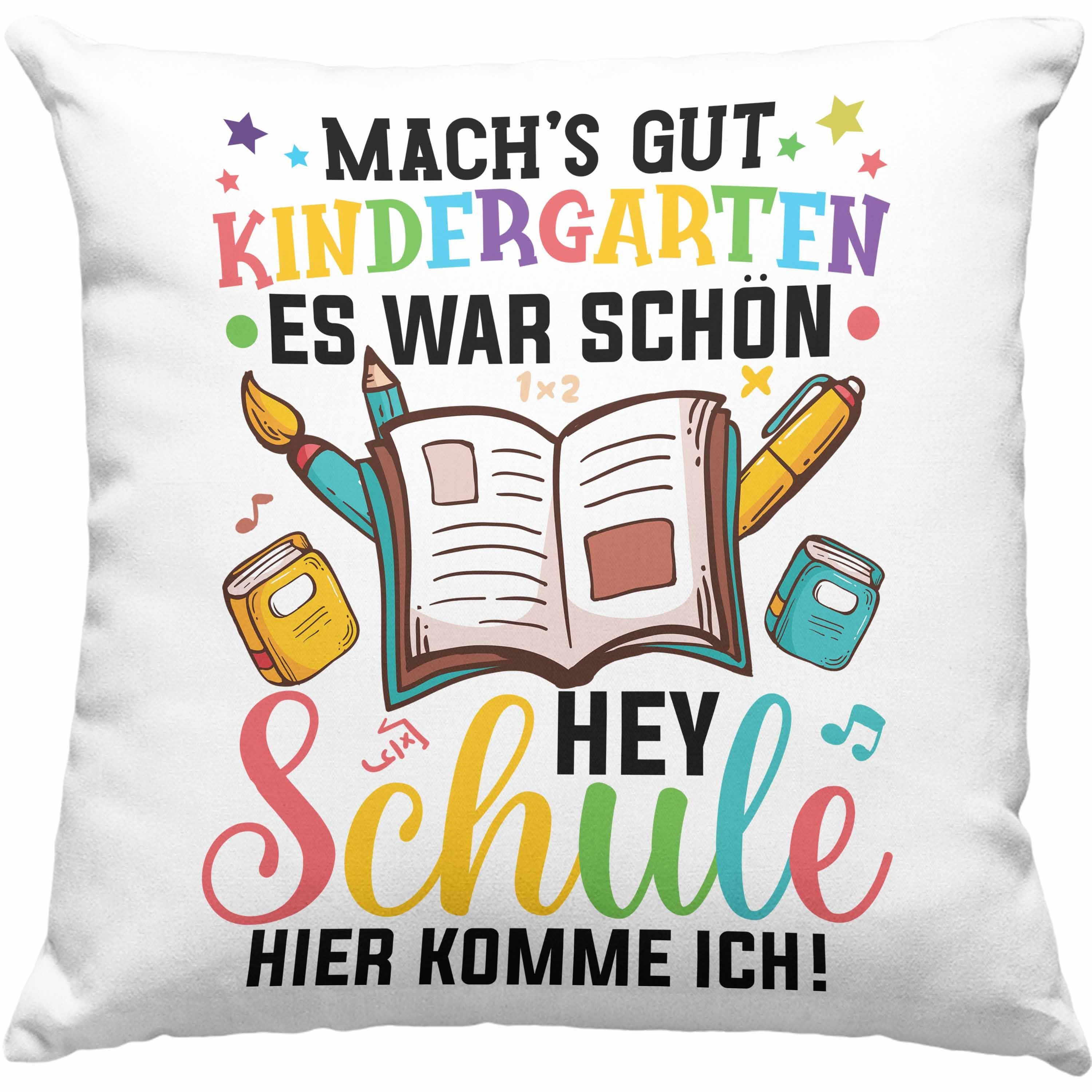 Trendation Dekokissen Trendation - Tschüss Kinderkarten Hallo Grundschule Kissen Geschenk zur Einschulung Erster Schultag Dekokissen mit Füllung 40x40 Grau