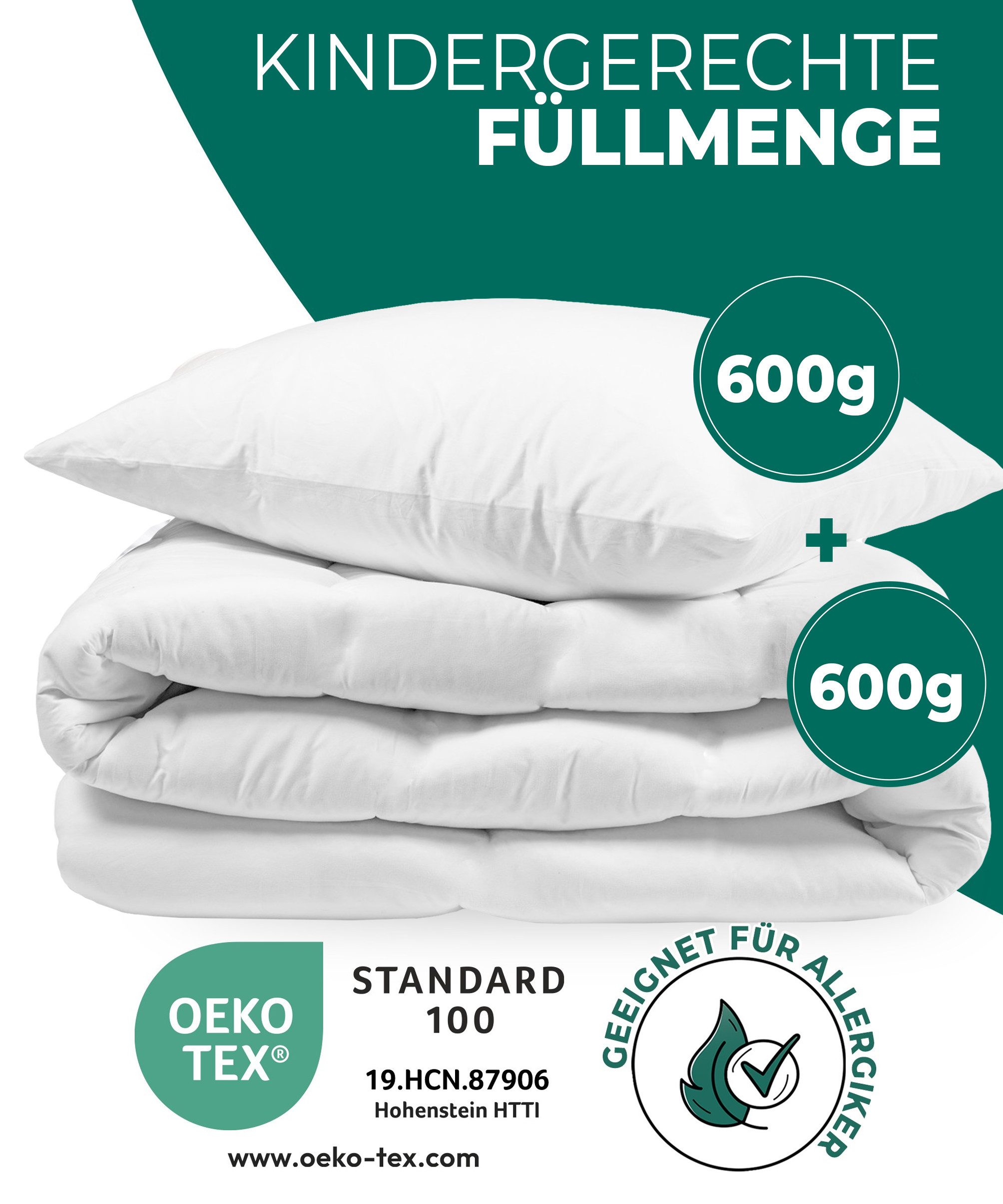 KNERST Kinderbettdecke + Microfaserkissen Kinder Bettdecken für kuschelig, weiche Träume, Füllung: 100% Polyester, Hautfreundlich, für Allergiker geeignet, waschbar bis 60 grad