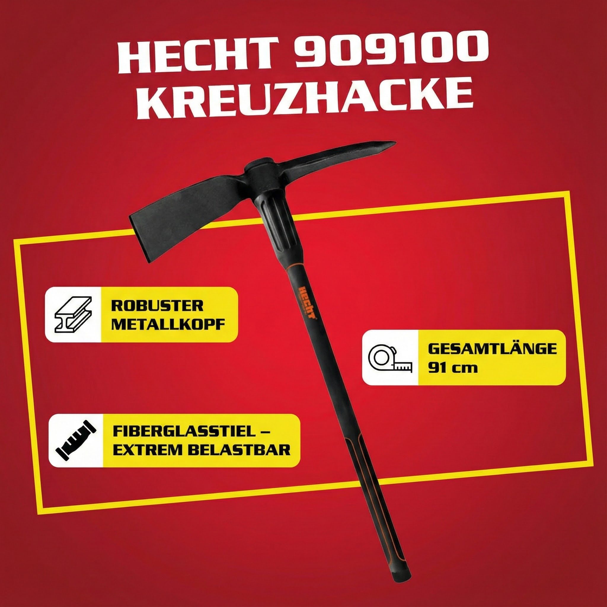 Hecht Gartenhacke Spitzhacke Kreuzhacke 91 cm Länge Fiberglaskern Gummigriff, 2 cm Metallstärke