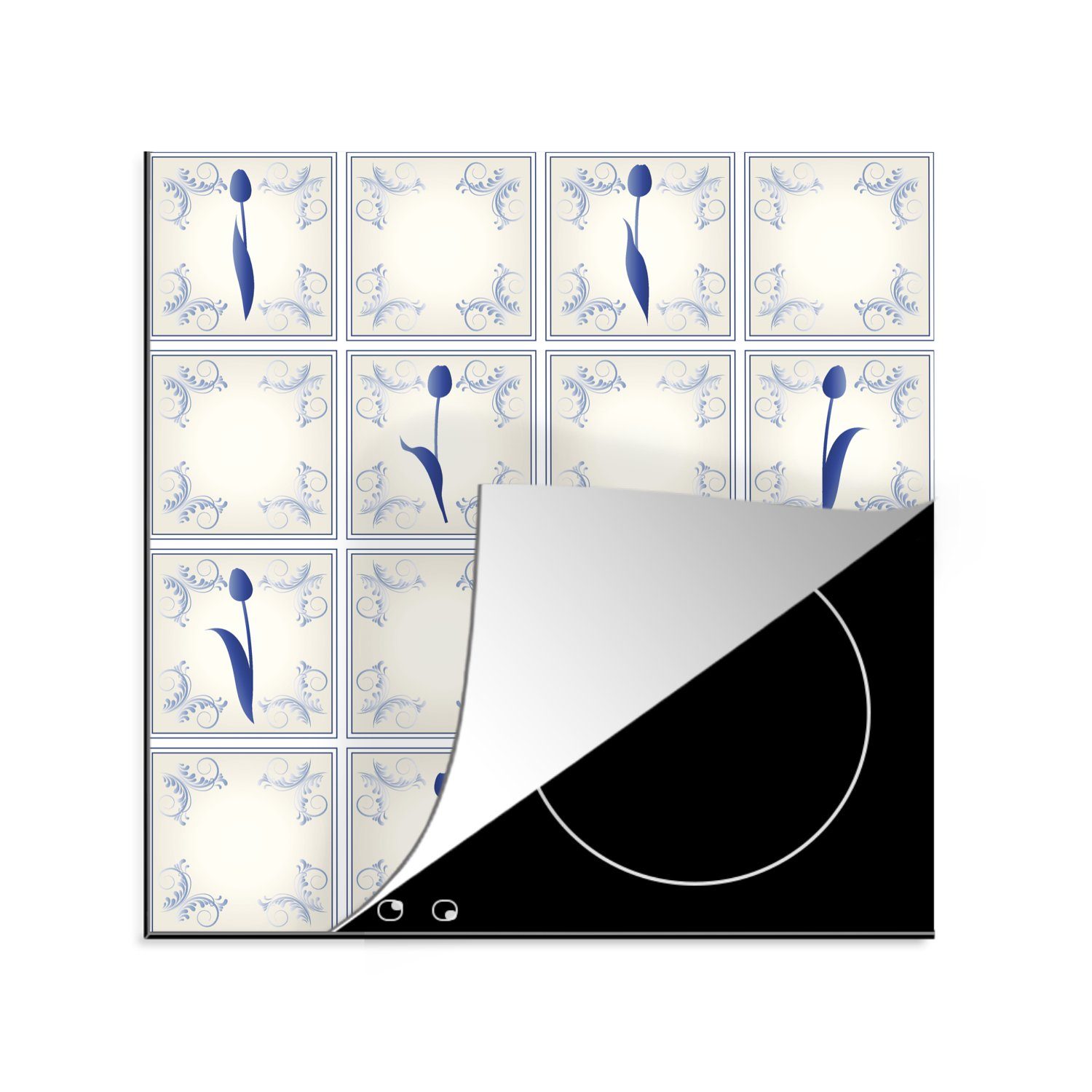 MuchoWow Herdblende-/Abdeckplatte Eine Illustration von blauen Tulpen auf Fliesen, Vinyl, (1 tlg), 78x78 cm, Ceranfeldabdeckung, Arbeitsplatte für küche