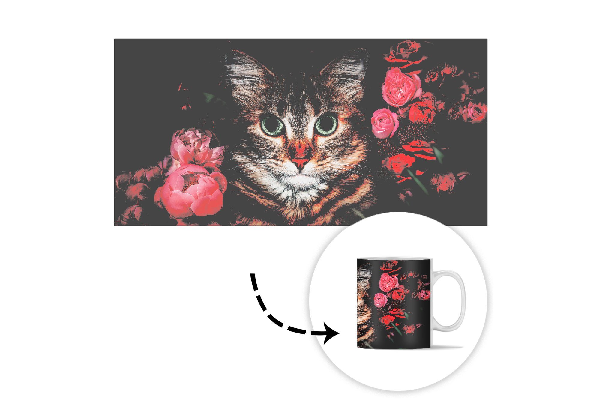 MuchoWow Tasse Katze - Blumen Botanisch, - Becher, Geschenk - Keramik, Teetasse, Kaffeetassen, Teetasse, Tiere