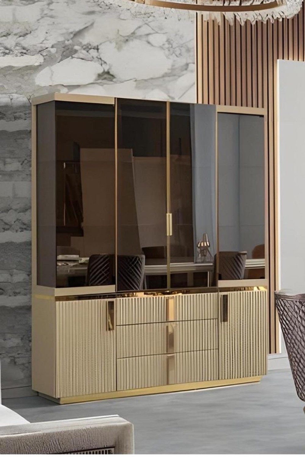 Xlmoebel Vitrine Exklusive Vitrine mit Glastüren und goldenen Akzenten (1-St., Vitrine mit Glastüren und Schubfächern) Made in Europa