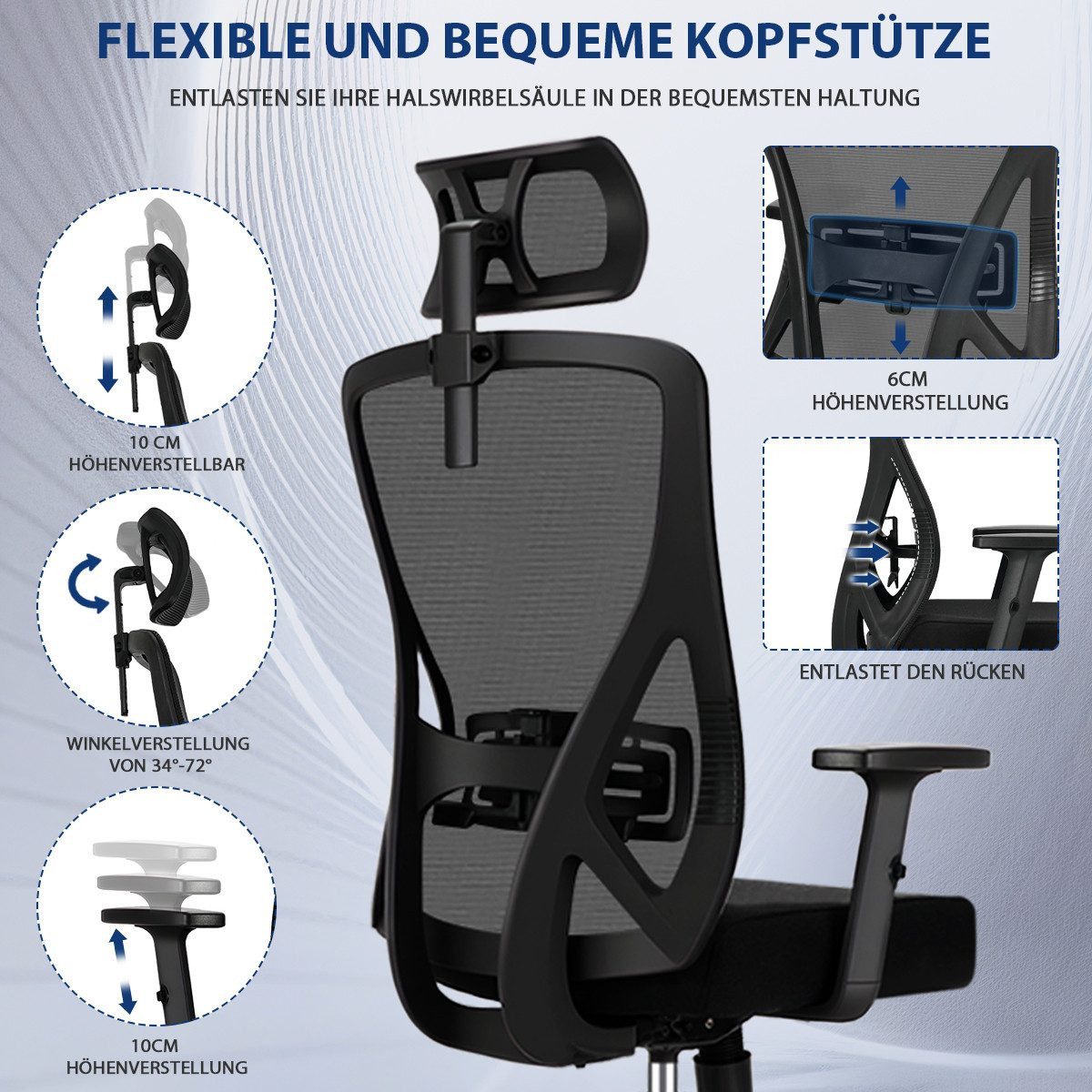 Durrafy Bürostuhl 200kg Ergonomischer Bürostuhl-Verstellbare Lordosenstütze (Verstellbare Lendenwirbelstutze + Kopfstutze + hohenverstelbare Armlehnen),bis zu 1 – Bild 4 von 5