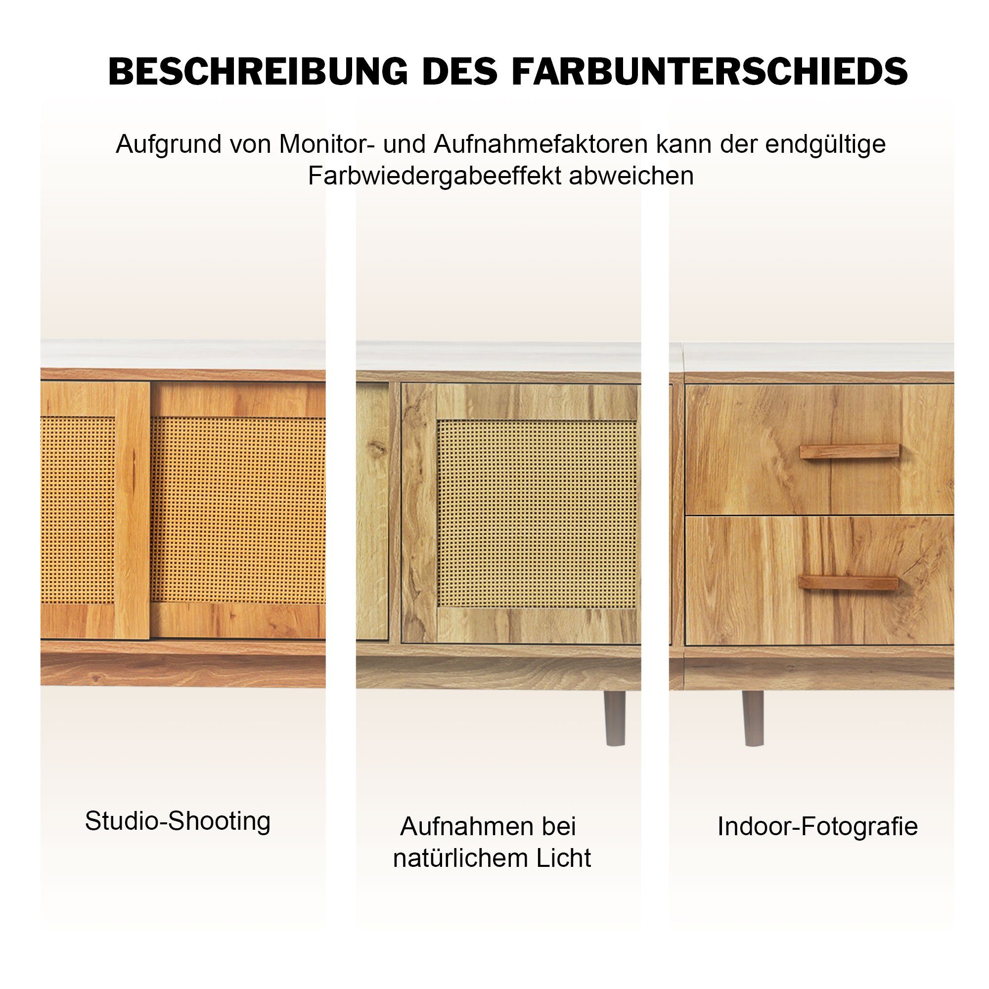 Lowboard (mit 2 Schiebetüren, 1 Türen und 2 Schublade), TV-Schrank Türen aus Rattangeflecht, Massivholzbeine, Breite 190 cm