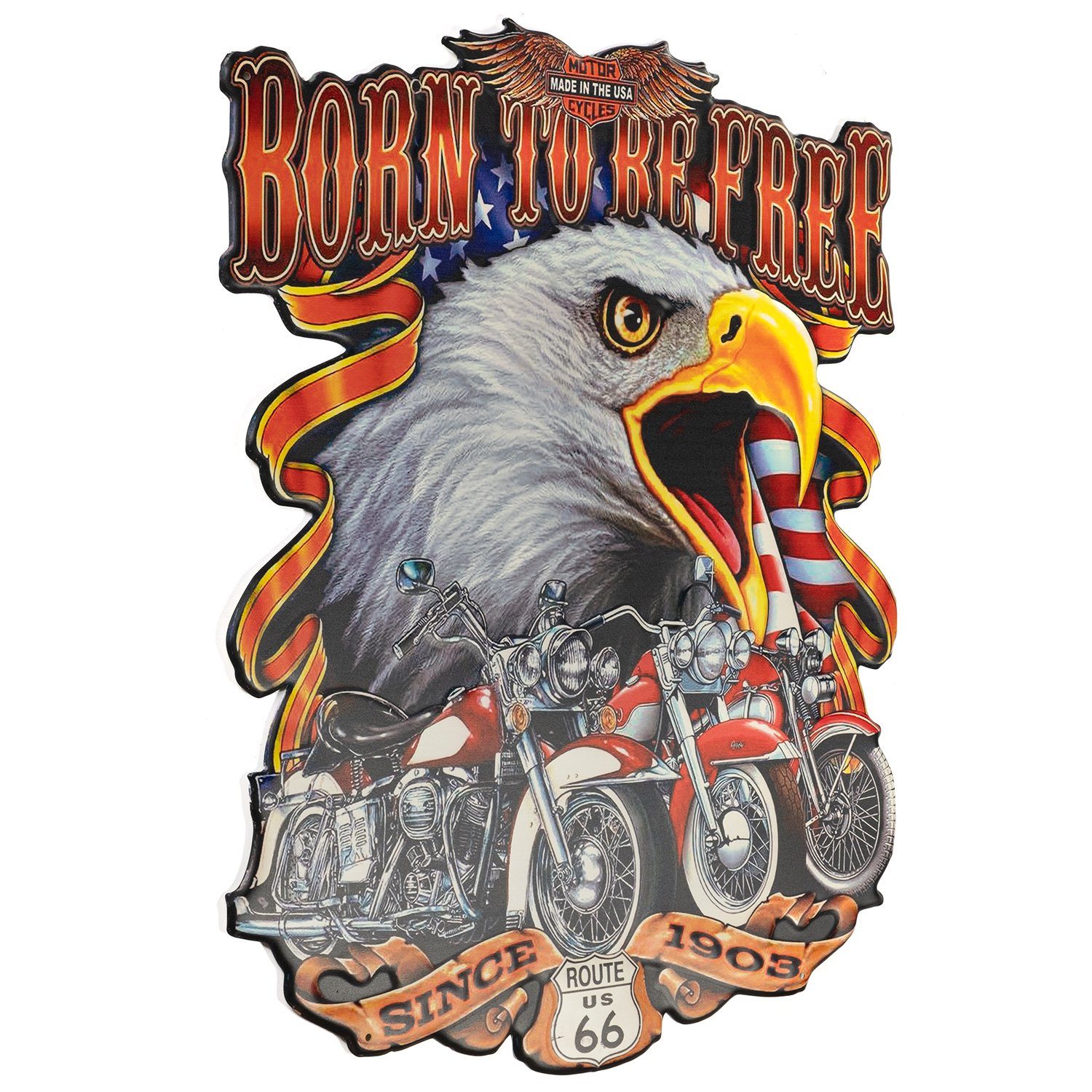Moritz Metallschild Blechschild Born to be free Route 66 Biker, Vintage Retro Deko Schild Metallschild Wandbild Schild