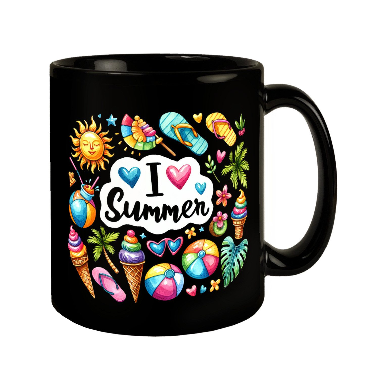 Tasse Endlich Sommer Tasse in Schwarz mit Spruch I love Summer
