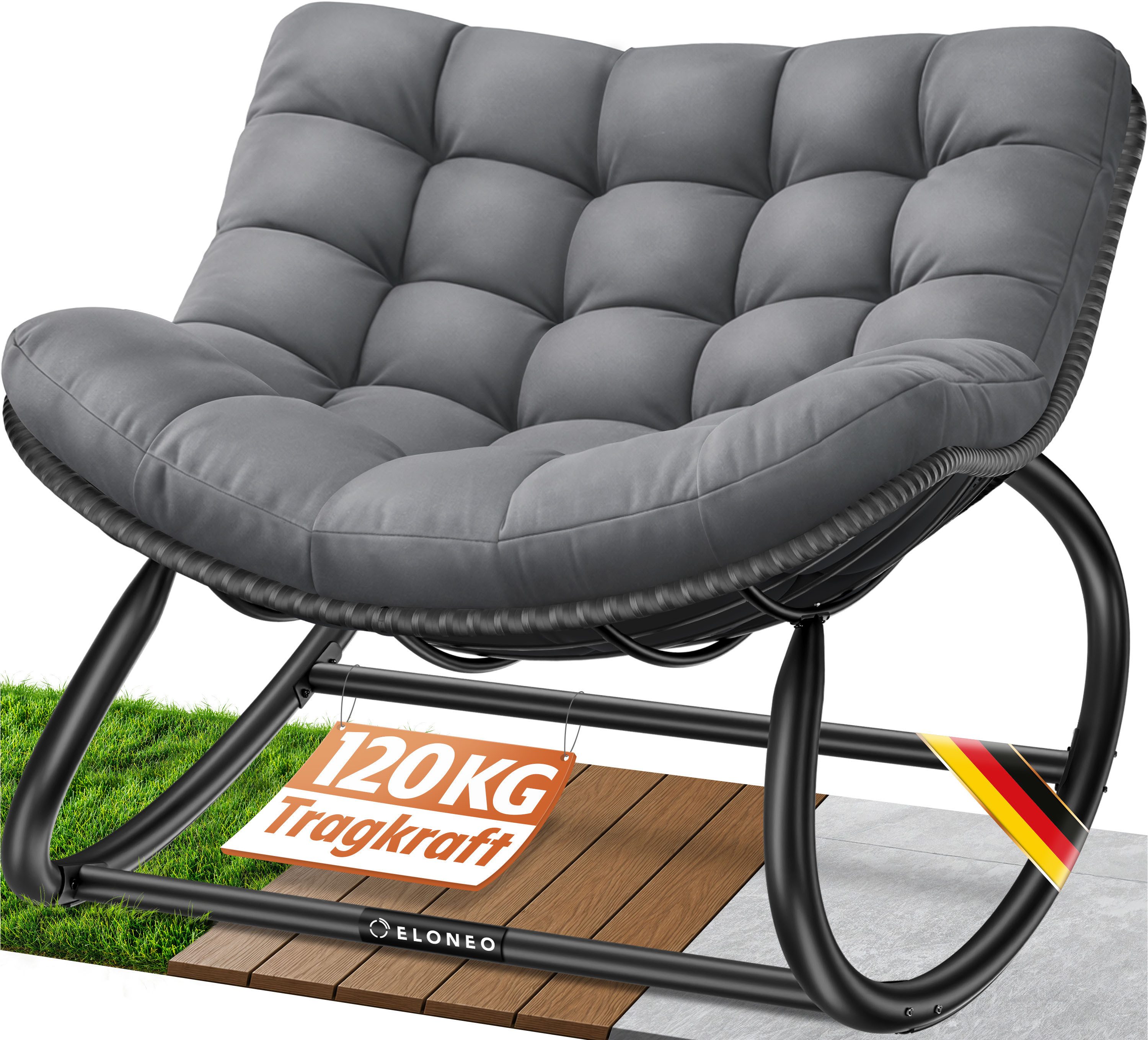 ELONEO Schaukelstuhl – Relax Schaukelsessel für Garten & Balkon (kippsicher, max. Belastung 120kg, witterungsbeständig), ergonomischer Loungesessel / Relaxsessel für Garten & Wohnzimmer