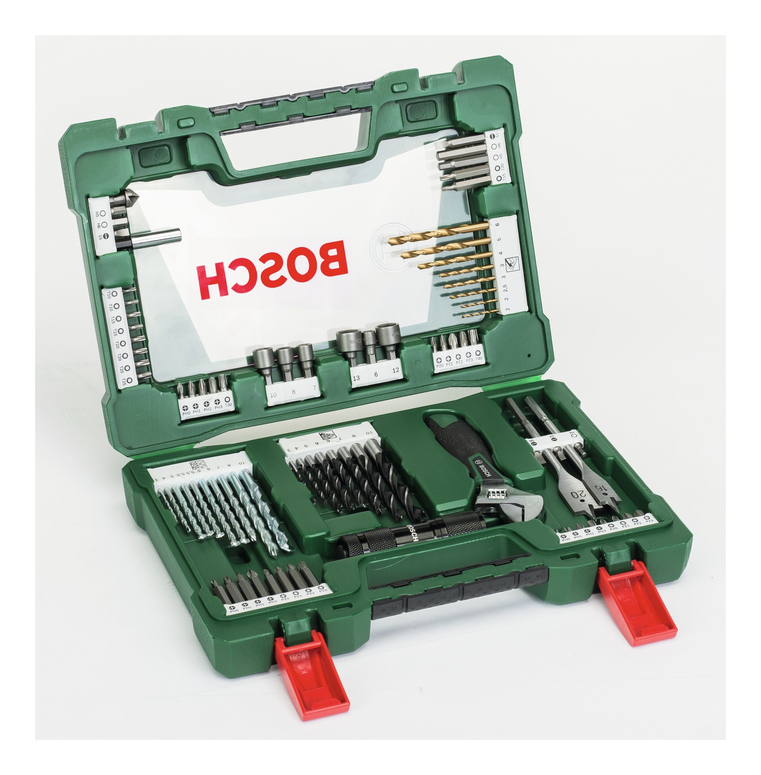 BOSCH Bohrersatz, (83 Teile), V-Line TiN und Bit mit Taschenlampe und Gabelschlüssel, 83-teilig