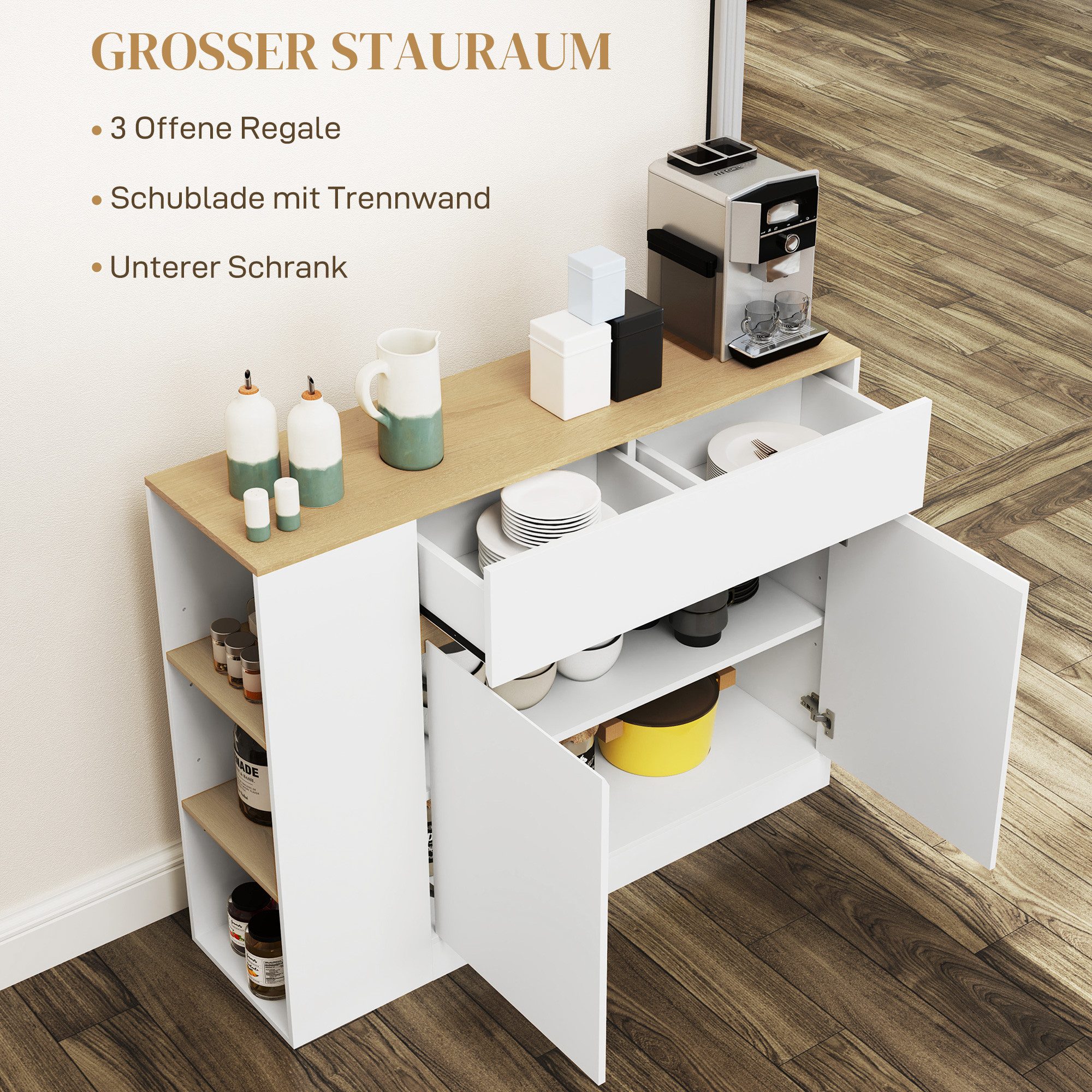 HOMCOM Sideboard Buffetschrank Scandi-Stil Mehrzweckschrank Kommode Wohnzimmer (Packung, 1 St., 1 Sideboard), Verstellbarer Einlegeboden, Kippschutz – Bild 4 von 5