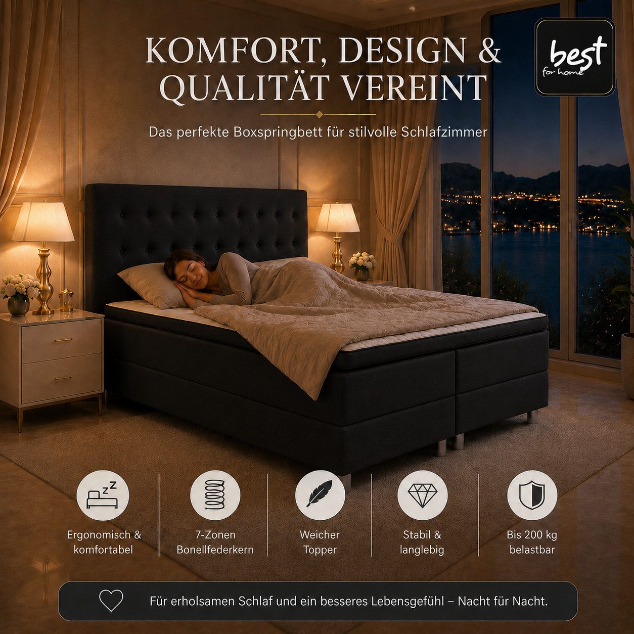 Best for Home Boxspringbett Neo Boxspring bett – 7-Zonen Bonnell Matratze mit Topper, Schwarz (Komplettbett, 6-St., 140x200 160x200 180x200 200x200 cm), TOP Preis-Leistungsverhältnis, schwarz