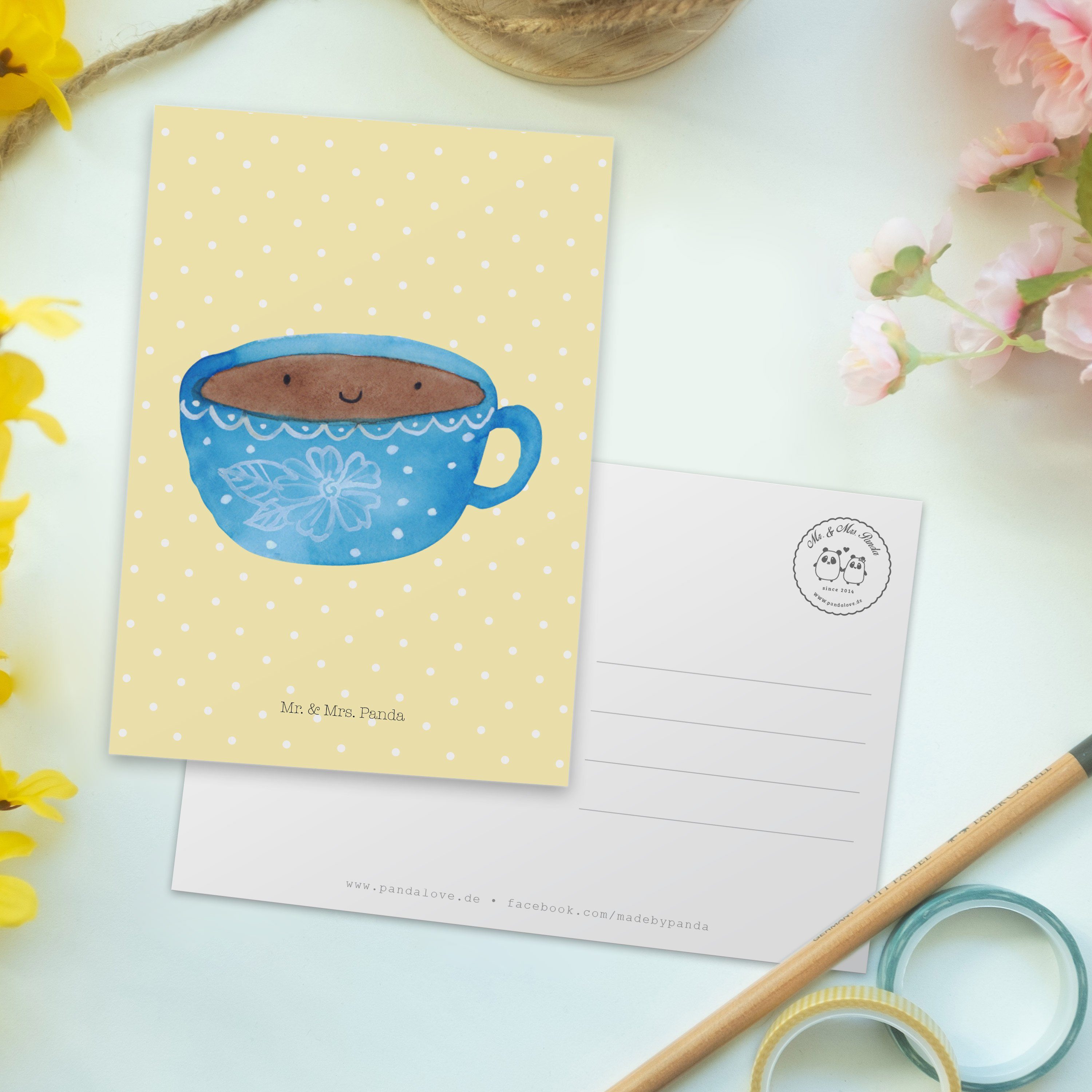 Mr. Geschenk, Kaffee Pastell Tasse Karte, Mrs. Panda Einl Geburtstagskarte, Postkarte Gelb & - -