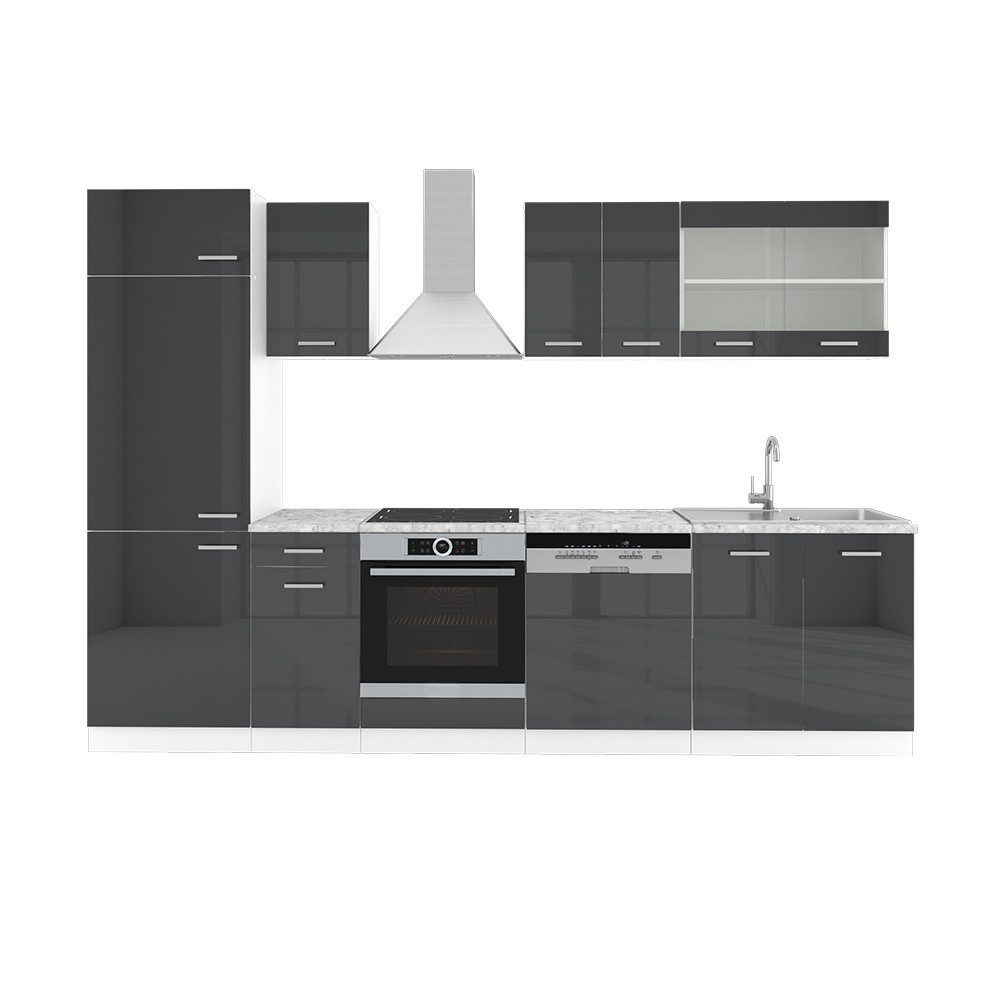 Vicco Küchenzeile R-Line, Anthrazit Hochglanz/Weiß, 300 cm ohne Arbeitsplatte