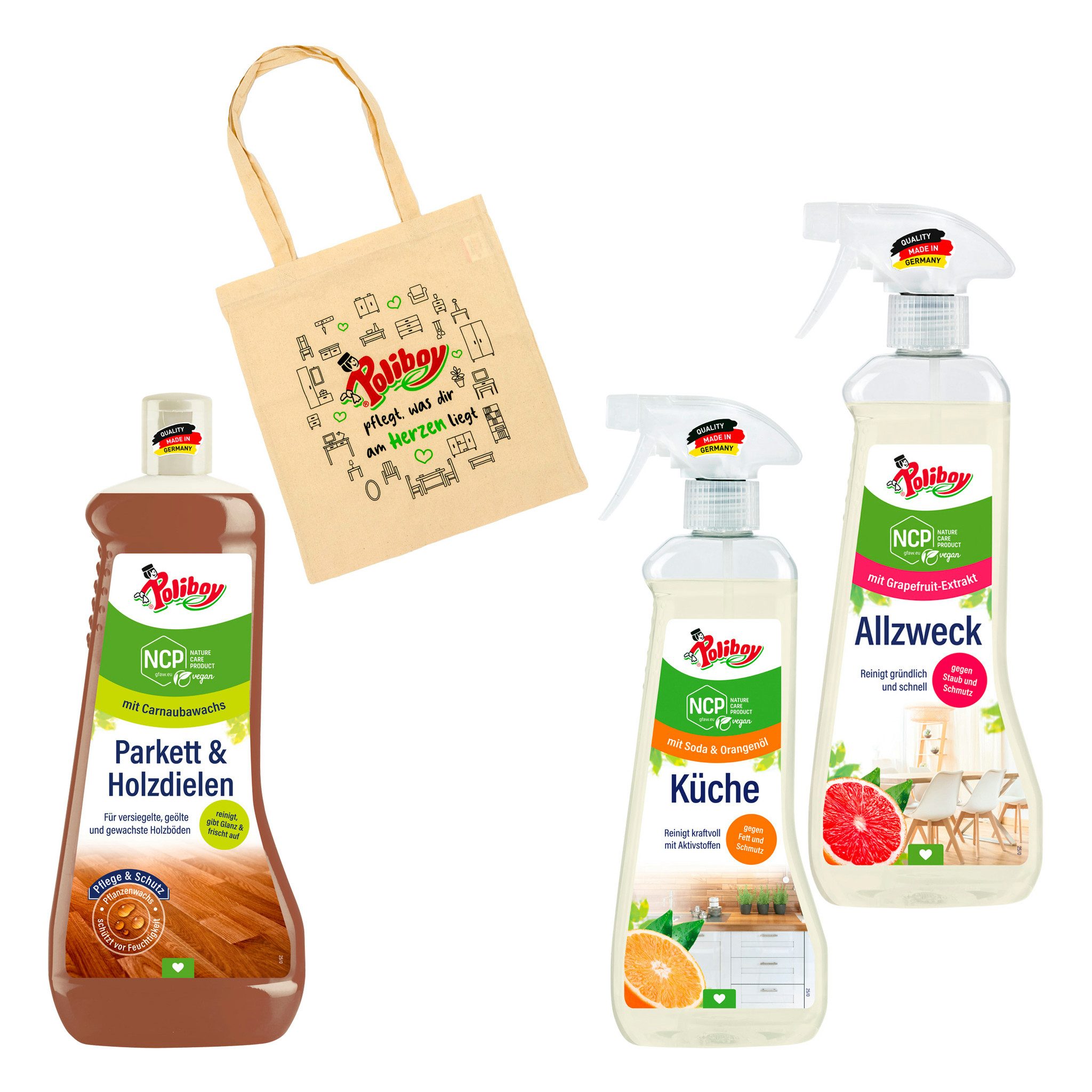poliboy NCP Einsteiger-Reinigungsset mit 3 Reinigern - inkl. Baumwolltasche Allzweckreiniger (Set zum einfachen Reinigen ihres Haushalts - Made in Germany)