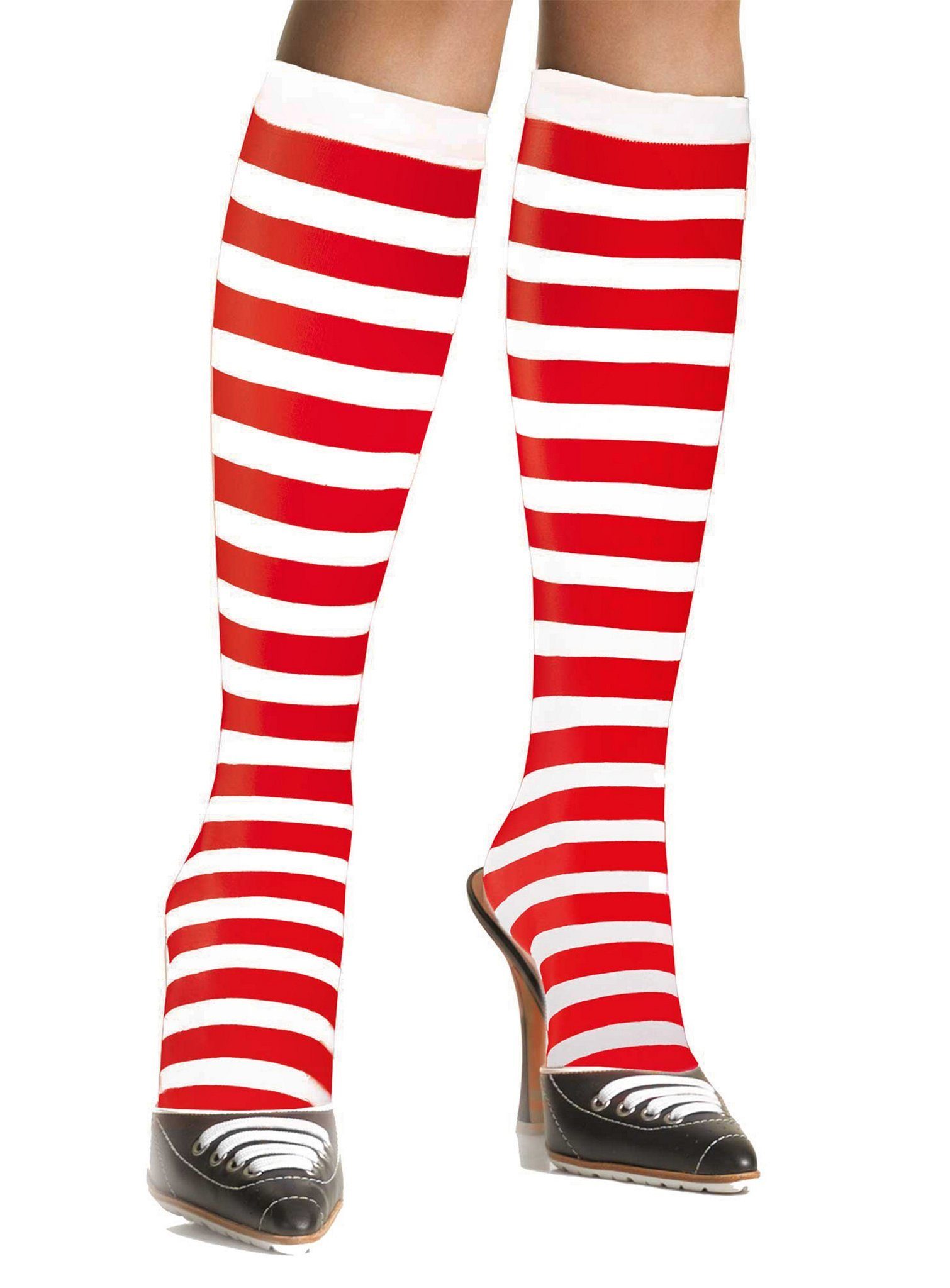 Leg Avenue Kostüm Zuckerstangen Strümpfe, Ringel Kniestrümpfe in Weiß-Rot  als vielseitig kombinierbares Kostümzubehör