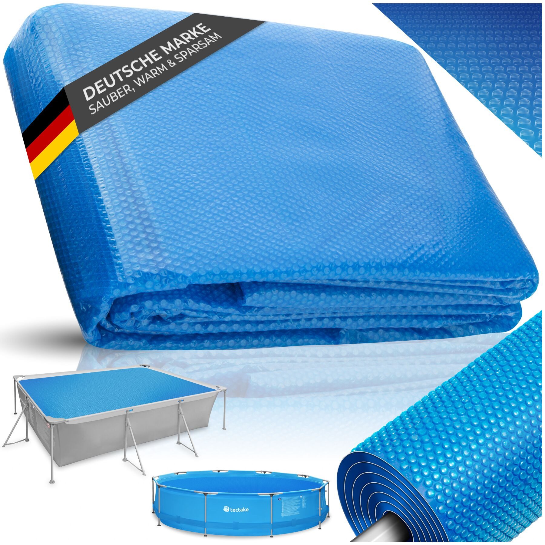 tectake Pool-Abdeckplane Solarfolie - leichte Poolabdeckung mit zuschneidbarer Passform (Poolabdeckung, in blau), Verlangsamt spürbar die Wasserabkühlung