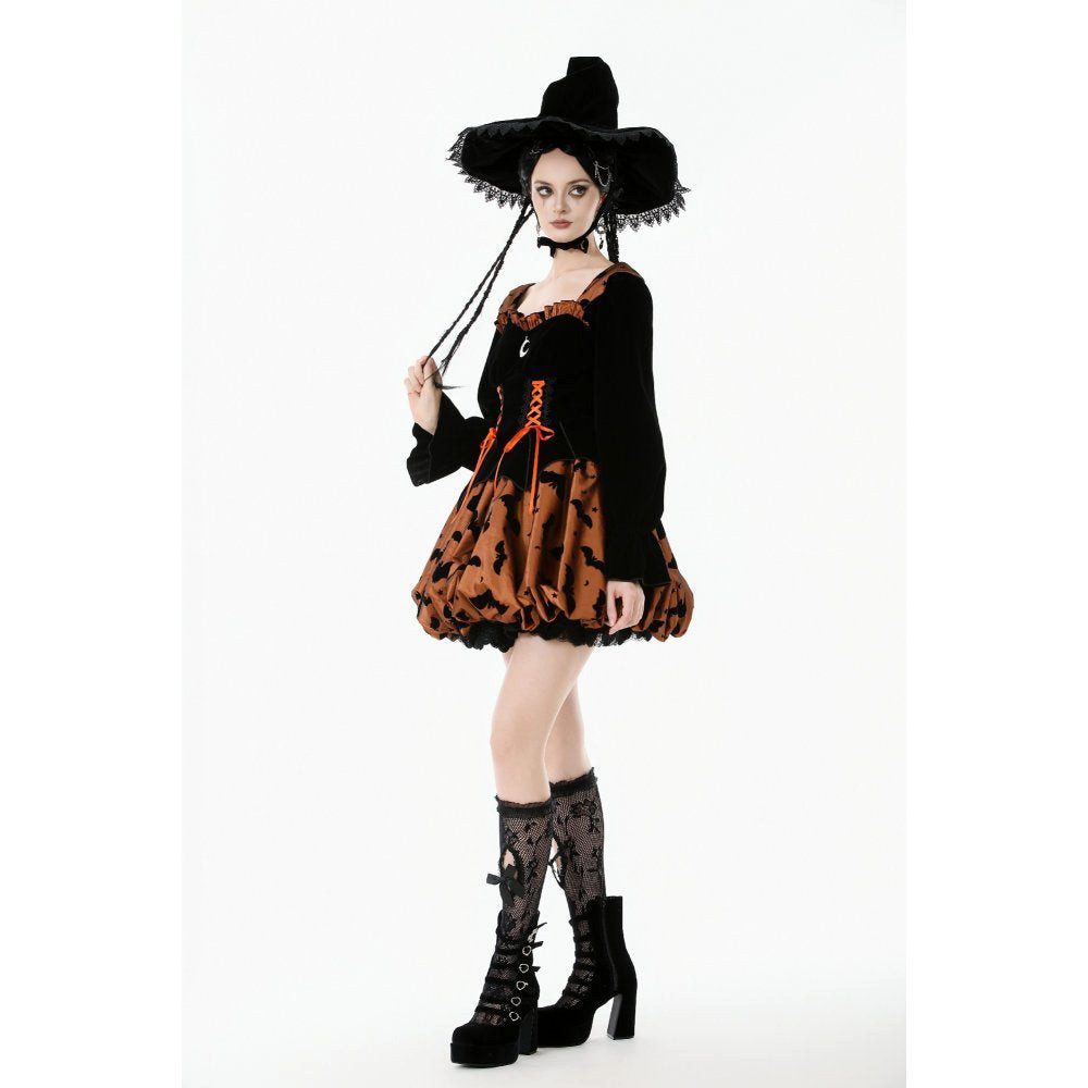Dark in Love Maxikleid Dark in Love Halloween Kleid aus Samt mit Schnürung Fledermäuse Fledermaus-Ausbrennermuster