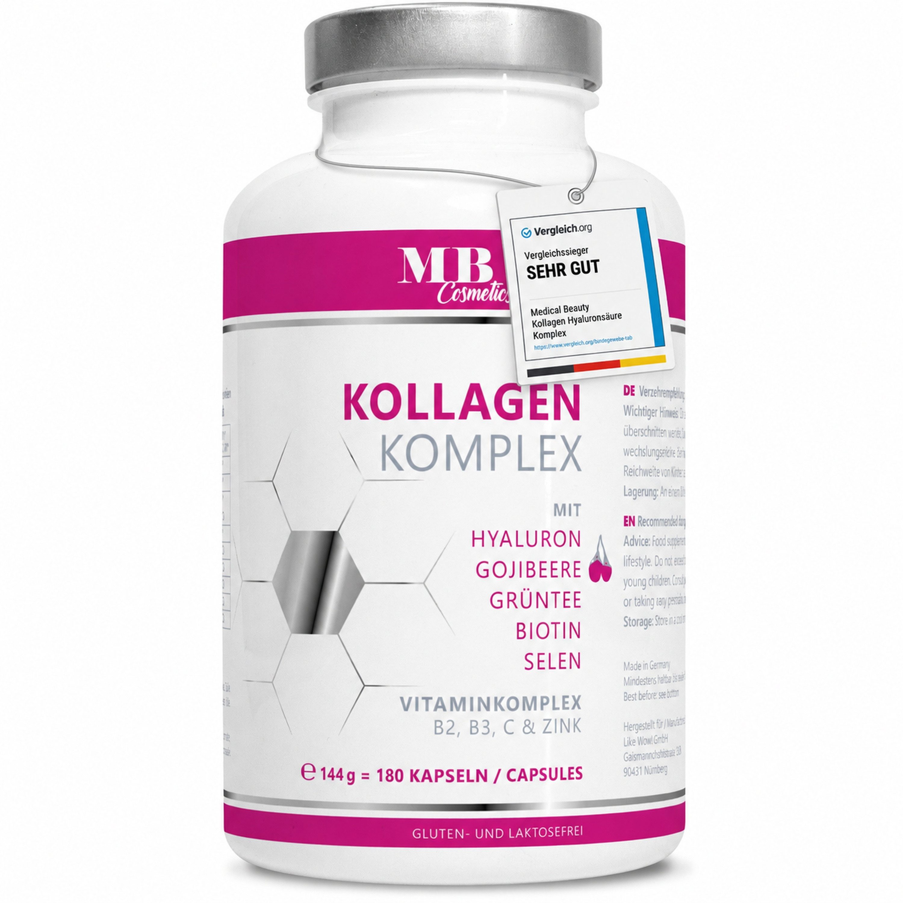 Medical Beauty Cosmetics Kollagen Hyaluron Komplex - 1000 mg mit Gojibeere, Biotin, Zink, 180 Kapseln, 1 er Packung à 144 g, Premium Kollagen Hydrolysat vom Weiderind, mit Grüntee & Selen