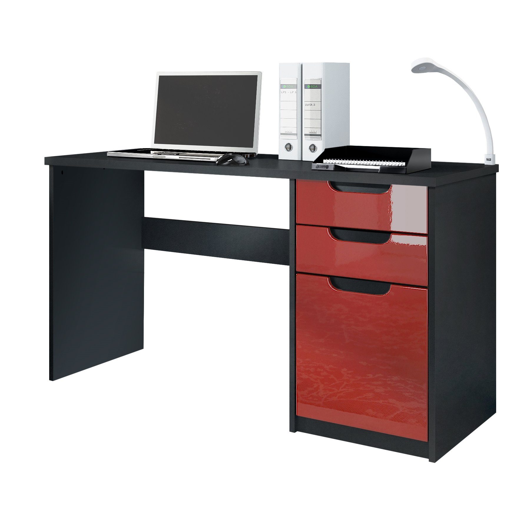Vladon Schreibtisch Logan (Bürotisch, mit 2 Schubladen und 1 Tür), Schwarz matt/Bordeaux Hochglanz (129 x 76 x 60 cm)