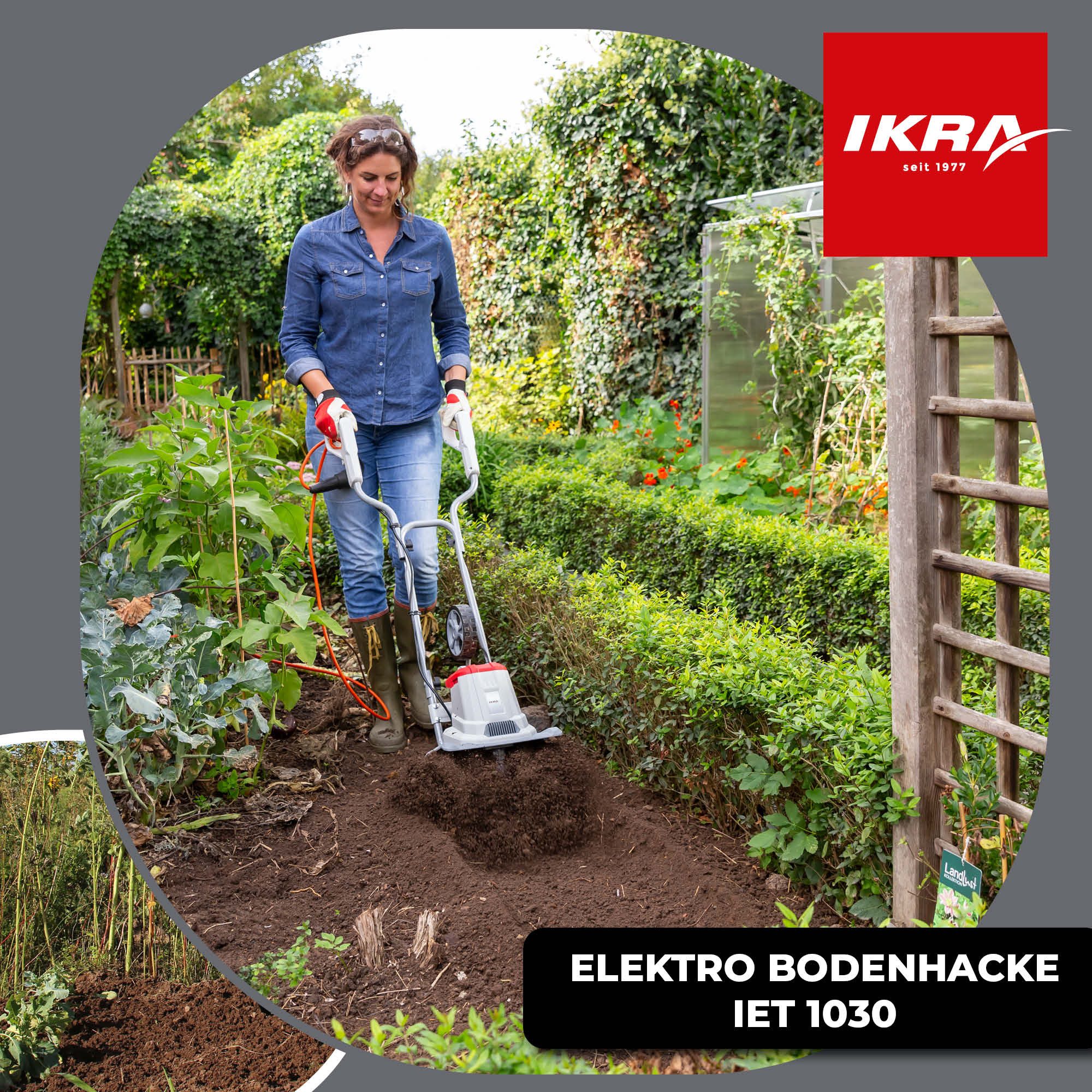 ikra GmbH Elektromotorhacke IET 1030, 30 cm Arbeitsbreite, 30 cm Schnittbreite, mit Handgrubber, Sicherheitsschalter, höhenverstellbarer Hacksporn, Transportrad