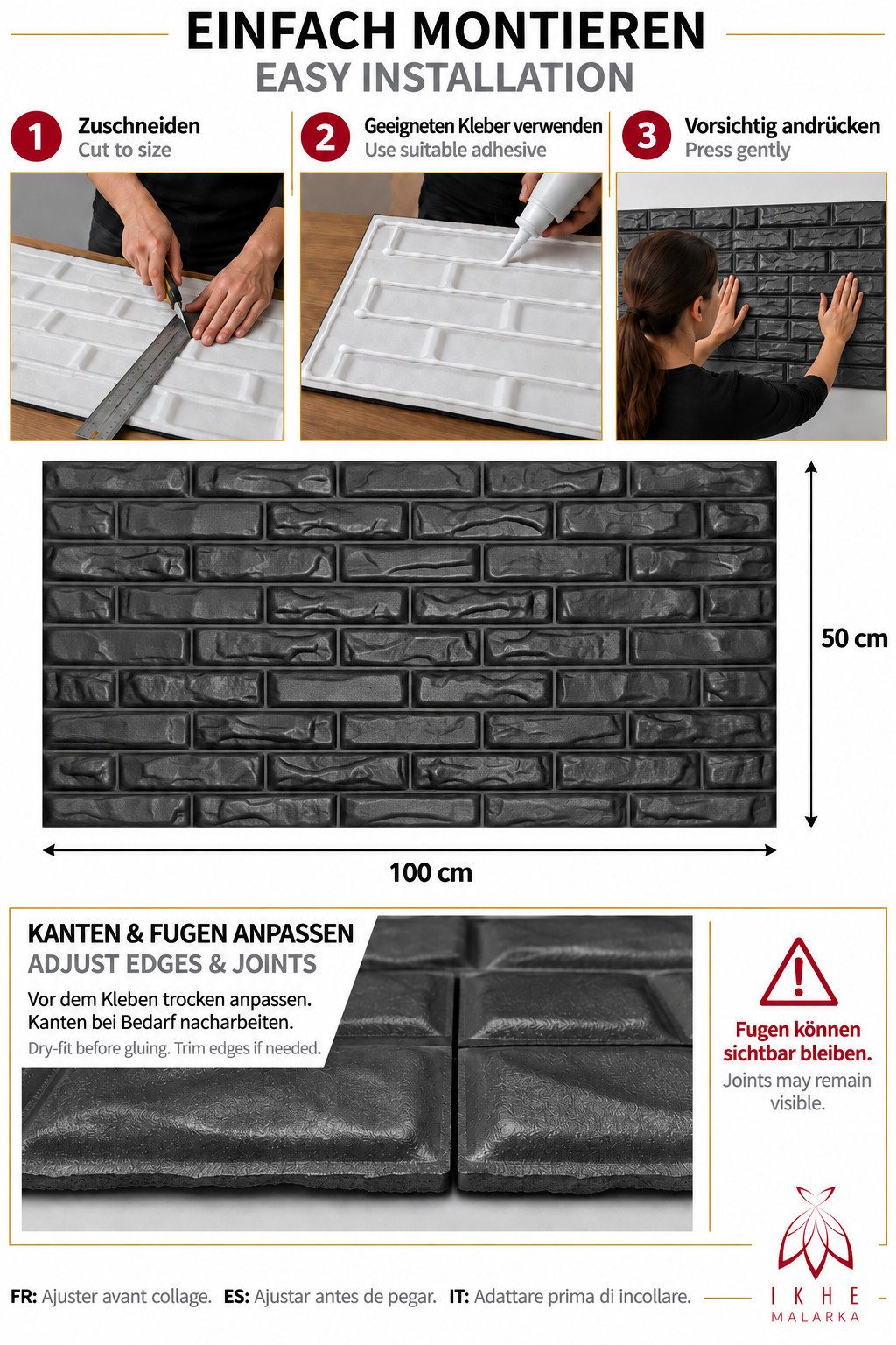 IKHEMalarka 3D Wandpaneel Betonoptik Marmor Ziegel aus Polystyrol Styropor XPS, BxL: 50,00x100,00 cm, 0,50 qm, (1 Stück, 0,5m) Deckenpaneelen - 3mm dick - 100x5 – Bild 5 von 5