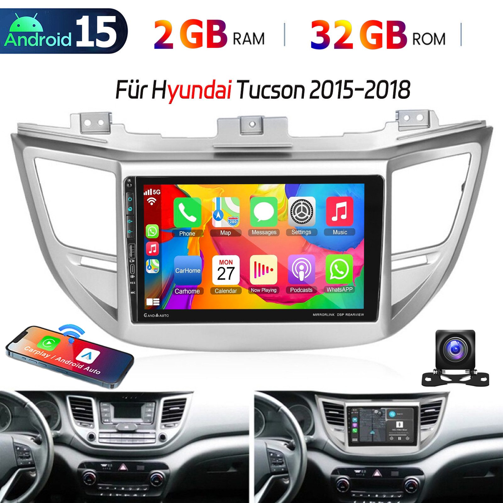 ESSGOO DAB+ Carplay autoradio bluetooth Android 15 Für Hyundai Tucson 2015-18 Autoradio (4+64GB(optional), DAB+ (optional), RDS, AM, FM, Carplay Android Auto Bluetooth EQ USB GPS Navi WIFI Touchscreen)