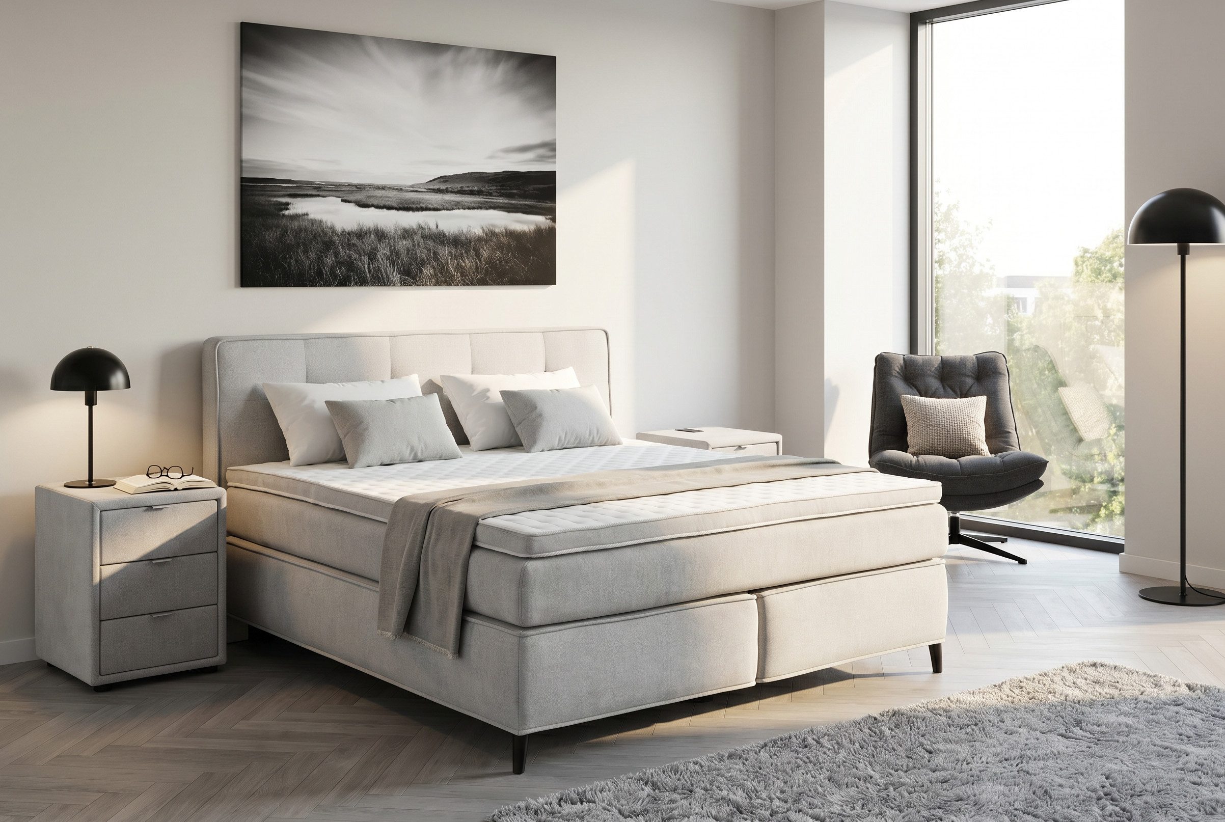 Jockenhöfer Gruppe Boxspringbett CAPELLO, inkl. Taschenfederkernmatratze H3-H4 und 6cm Kaltschaumtopper, Bezug: Flachgewebe, 160x200 oder 180x200 cm