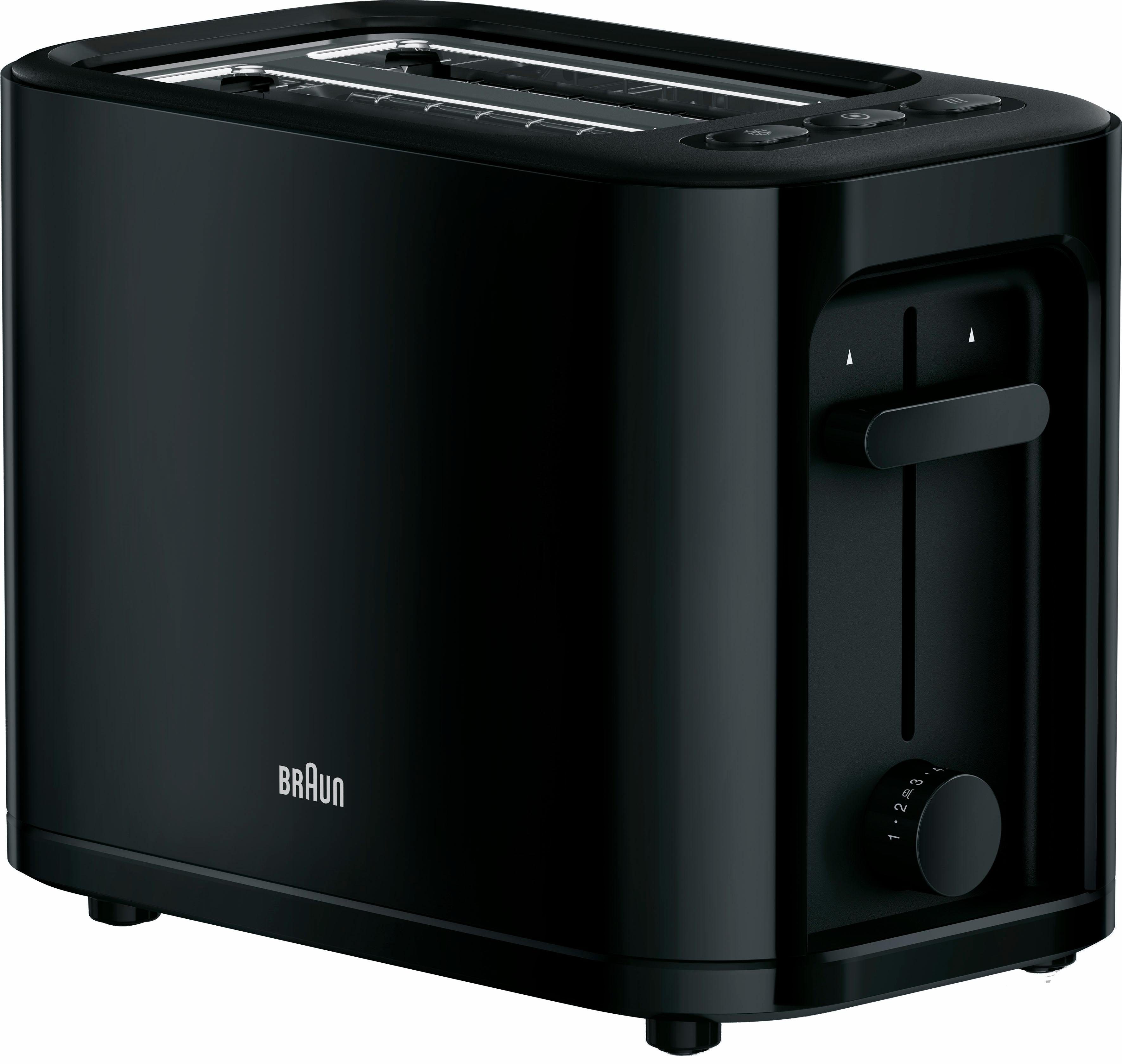 Braun Toaster PurEase HT 3010 BK - 2 Schlitze, 7 Stufen, Auftau- Aufwärmfunktion, 2 kurze Schlitze, für 2 Scheiben, 1000 W, 1.000 W, Kunststoff, Automatische Abschaltung, Brötchenaufsatz