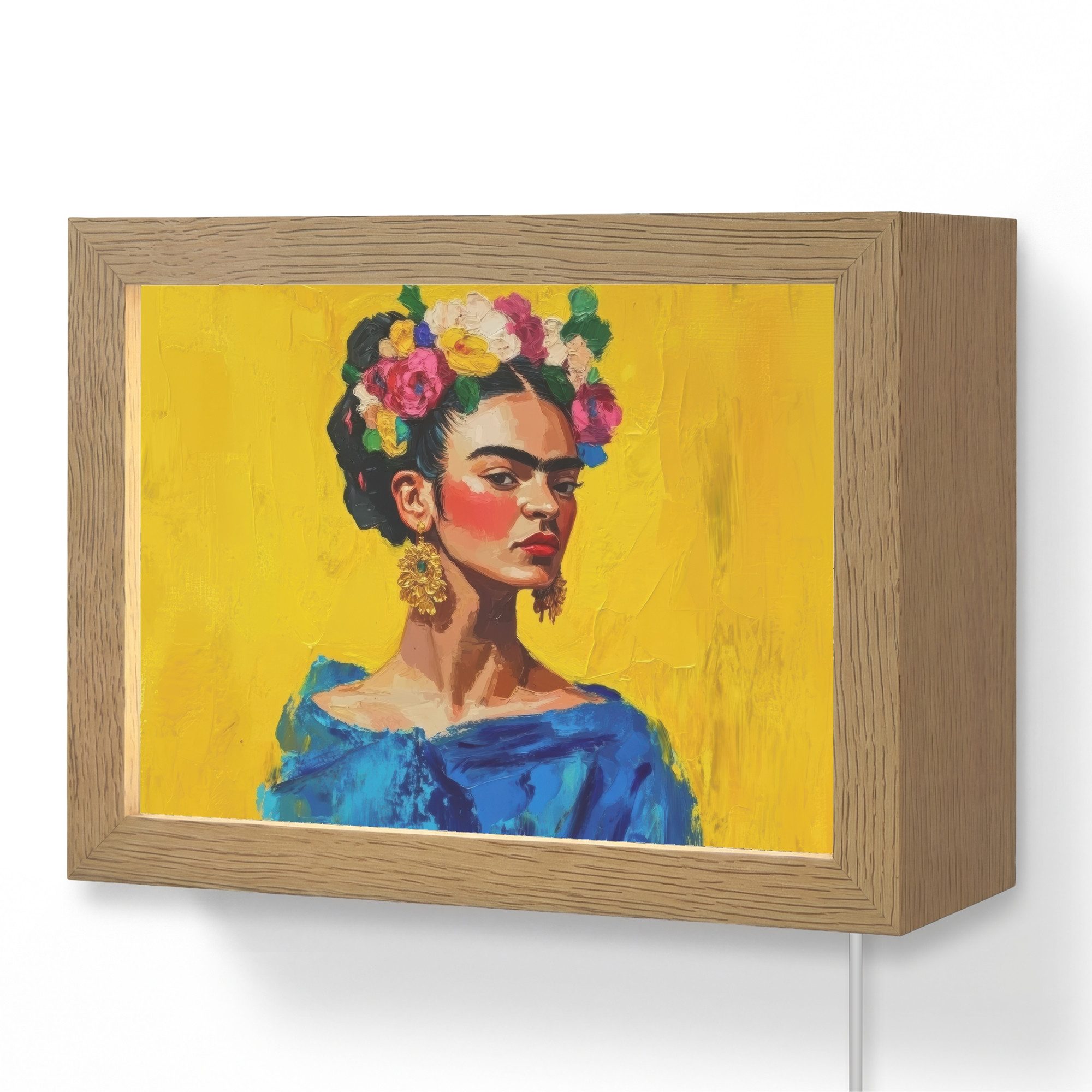 OnlyWow Wandleuchte Lightbox Frida Kahlo - Frau - Gelb - Blau - Blumen, Dimmbar, Farbwechsel, LED, Warmweiß, Kaltweiß, Neutralweiß Einstellbar, Wandlampe Innen, Dimmbar, mit Kabel, LED, Modern, Flur